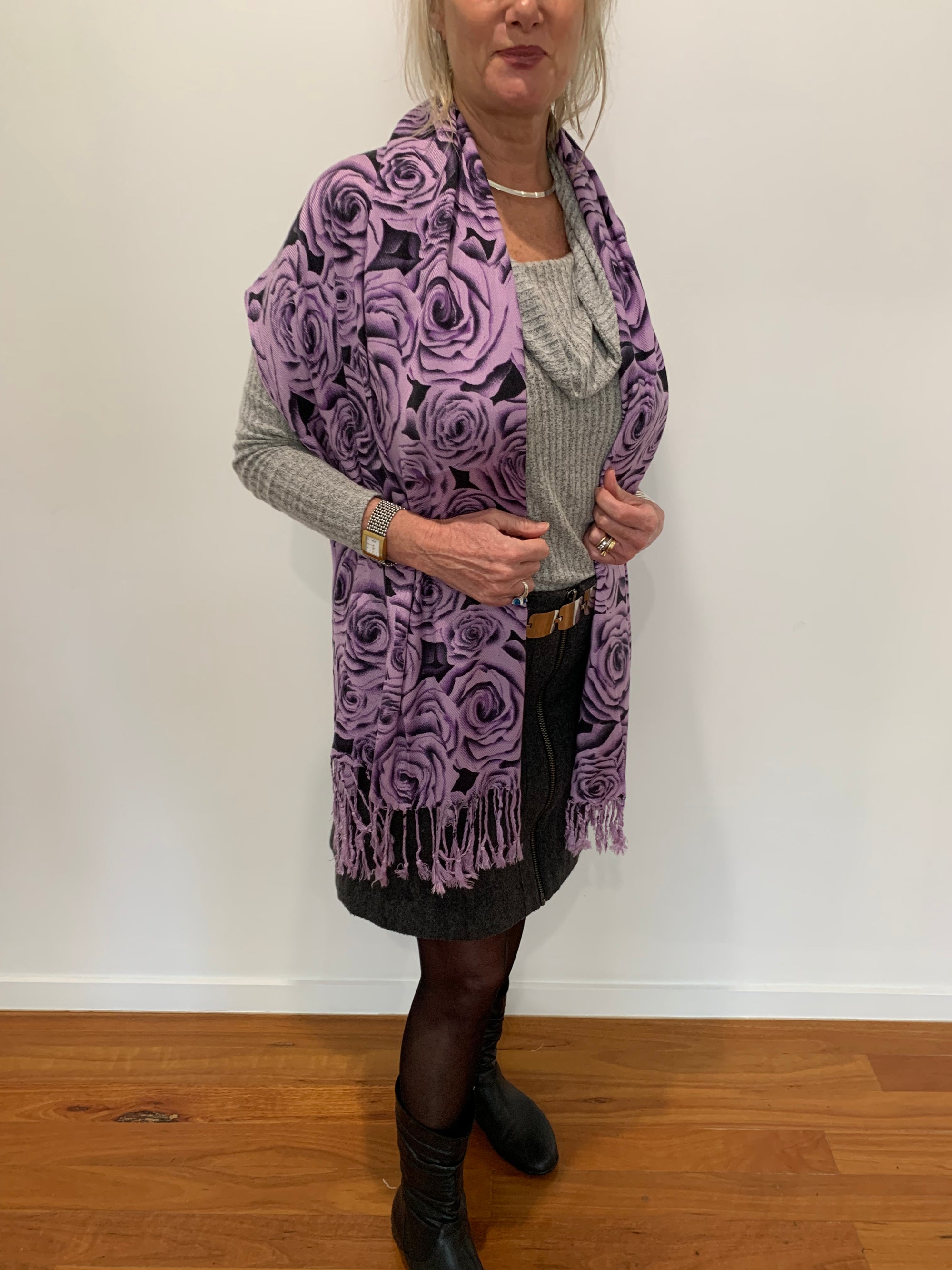 Rose Pattern Scarf in Black and Purple Oversized Scarf