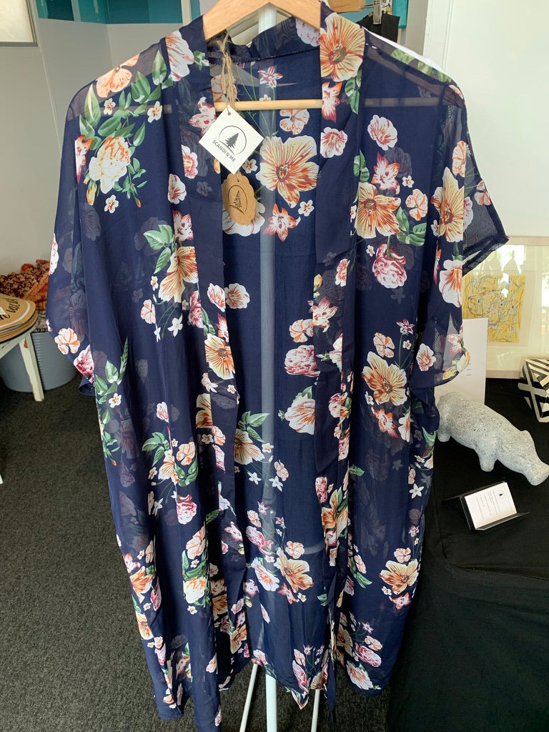 Navy Blue Cover Up/Kimono with Floral Pattern in Pink & White Fit Size 10-18 - Scandi & Me