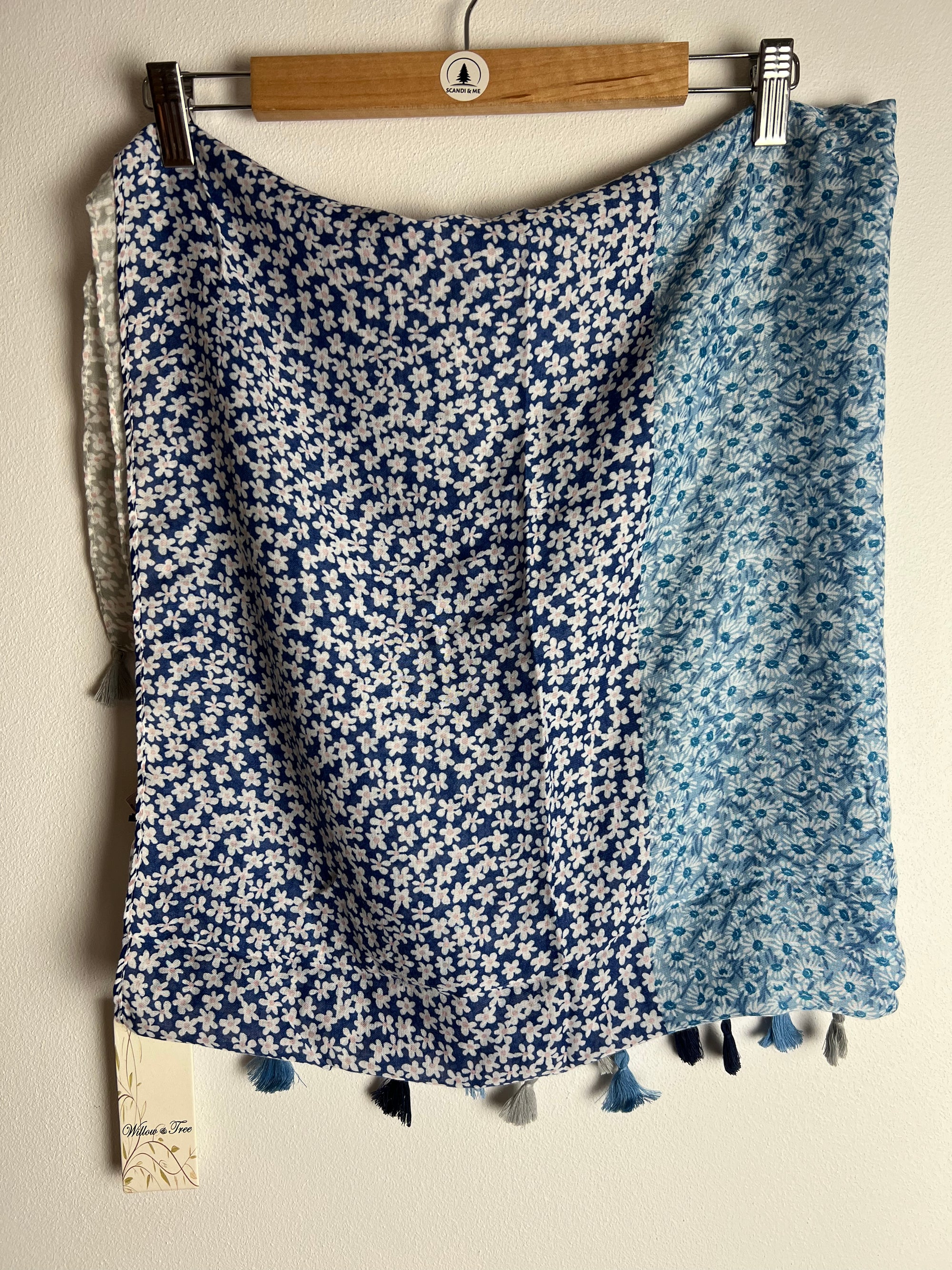 Oversized Scarf in Blue and grey shades with floral pattern & tassels from Willow Tree