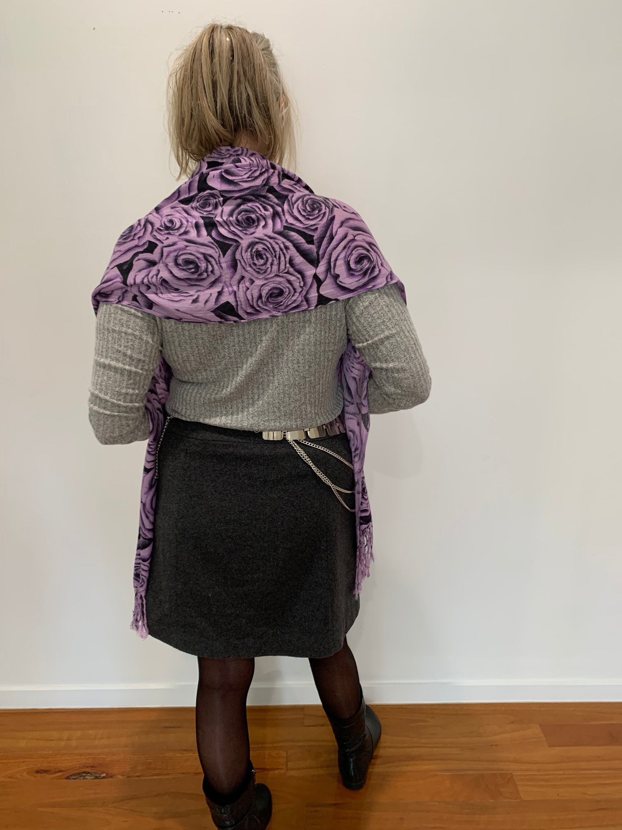 Rose Pattern Scarf in Black and Purple Oversized Scarf