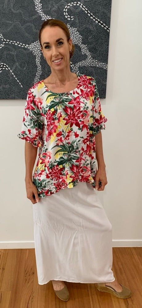 Floral Print Top with 1/2 Long Ruffle Sleeves High Low Hemline - Willow Tree