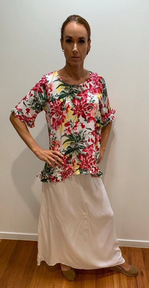 Floral Print Top with 1/2 Long Ruffle Sleeves High Low Hemline - Willow Tree
