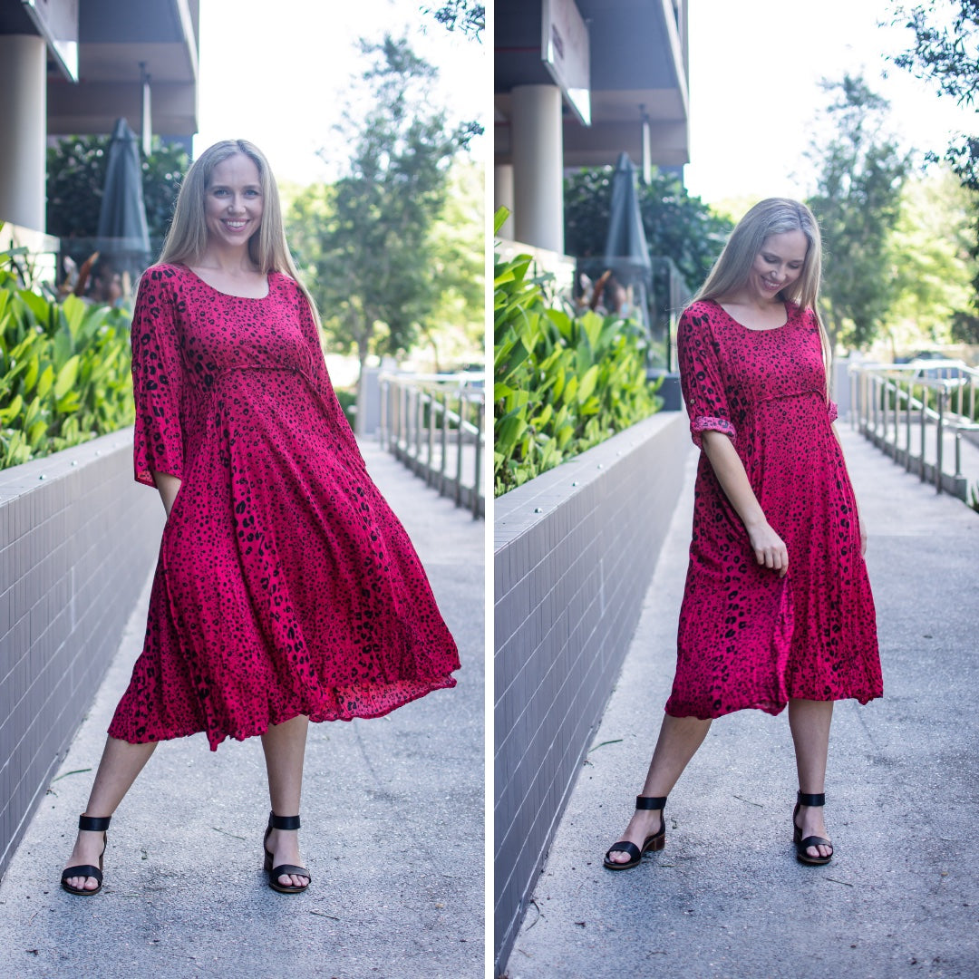 Fit & Flare Dress in Red & Black Leopard Print RollUp Sleeves - Willow Tree