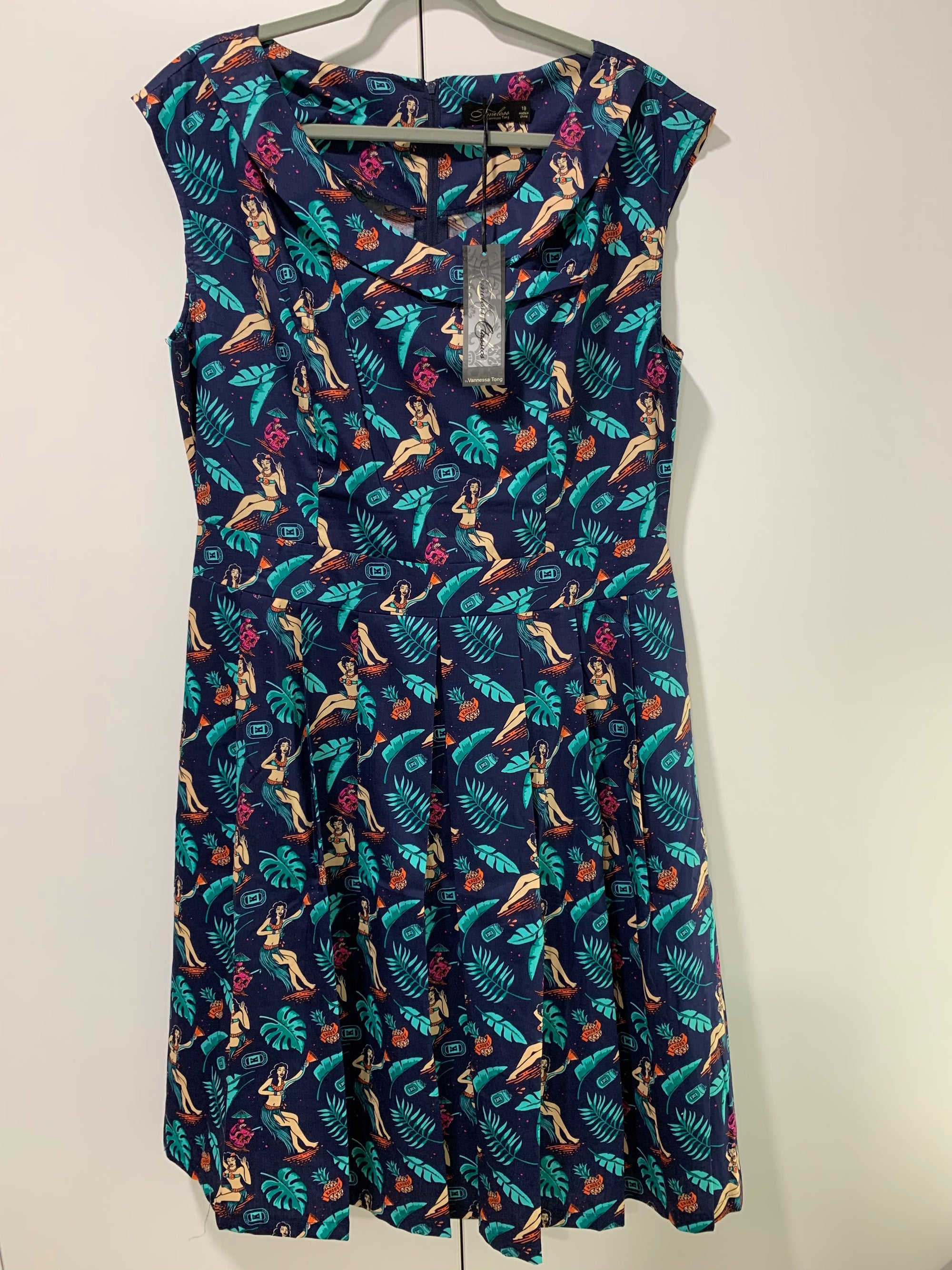 Timeless by Vanessa Tong Vintage Style Dress Navy Blue with Hawaiian Print