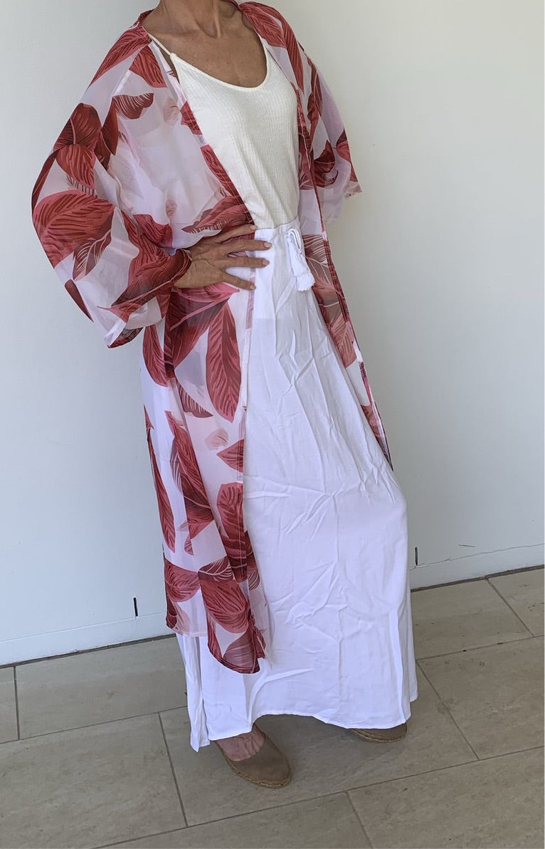Long Sheer Kimono/CoverUp Jacket in White with Red Palm Leaves - Scandi & Me