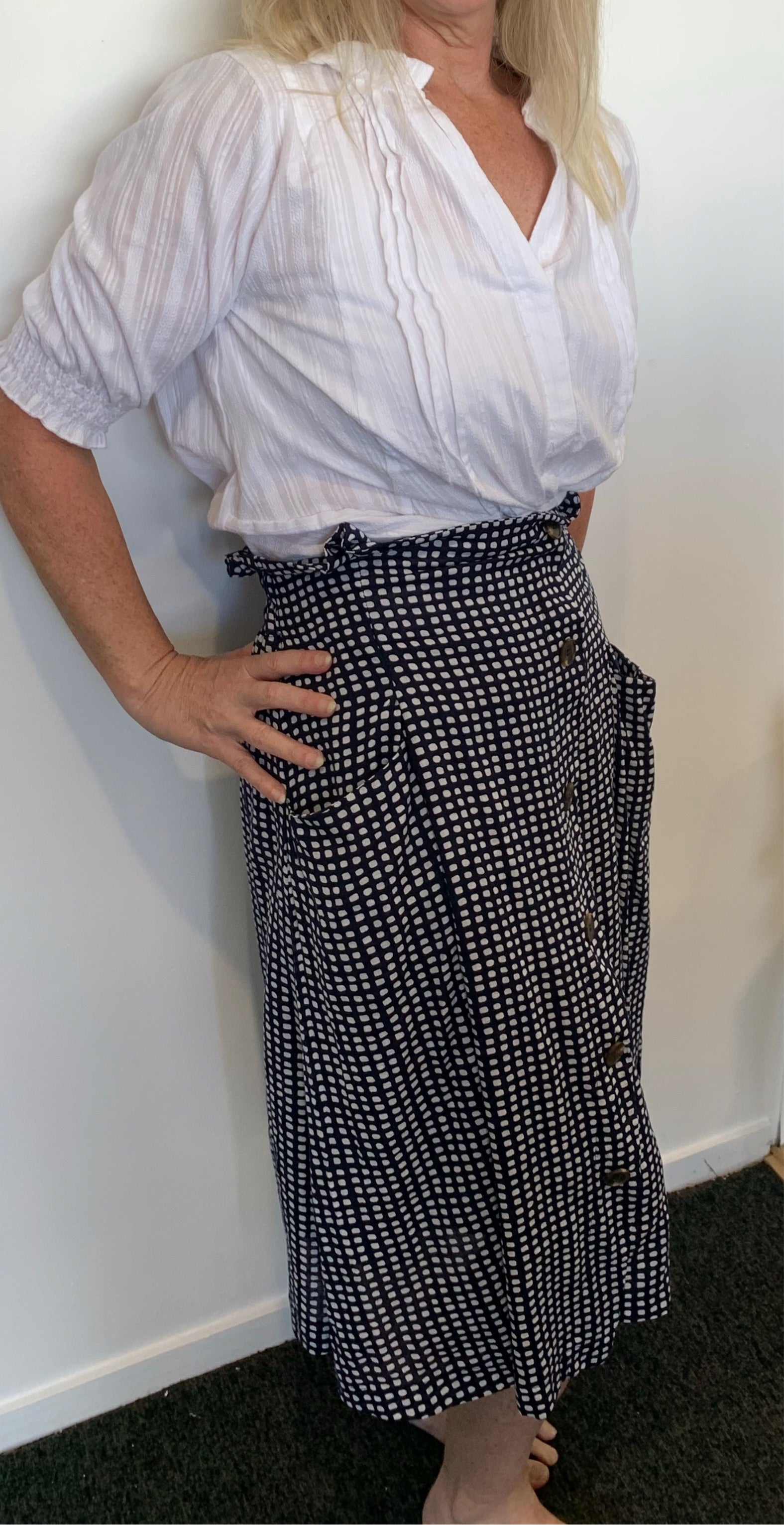Navy Blue Below Knee Long Skirt with White Squares with Pockets in Linen/Rayon - Silver Wishes