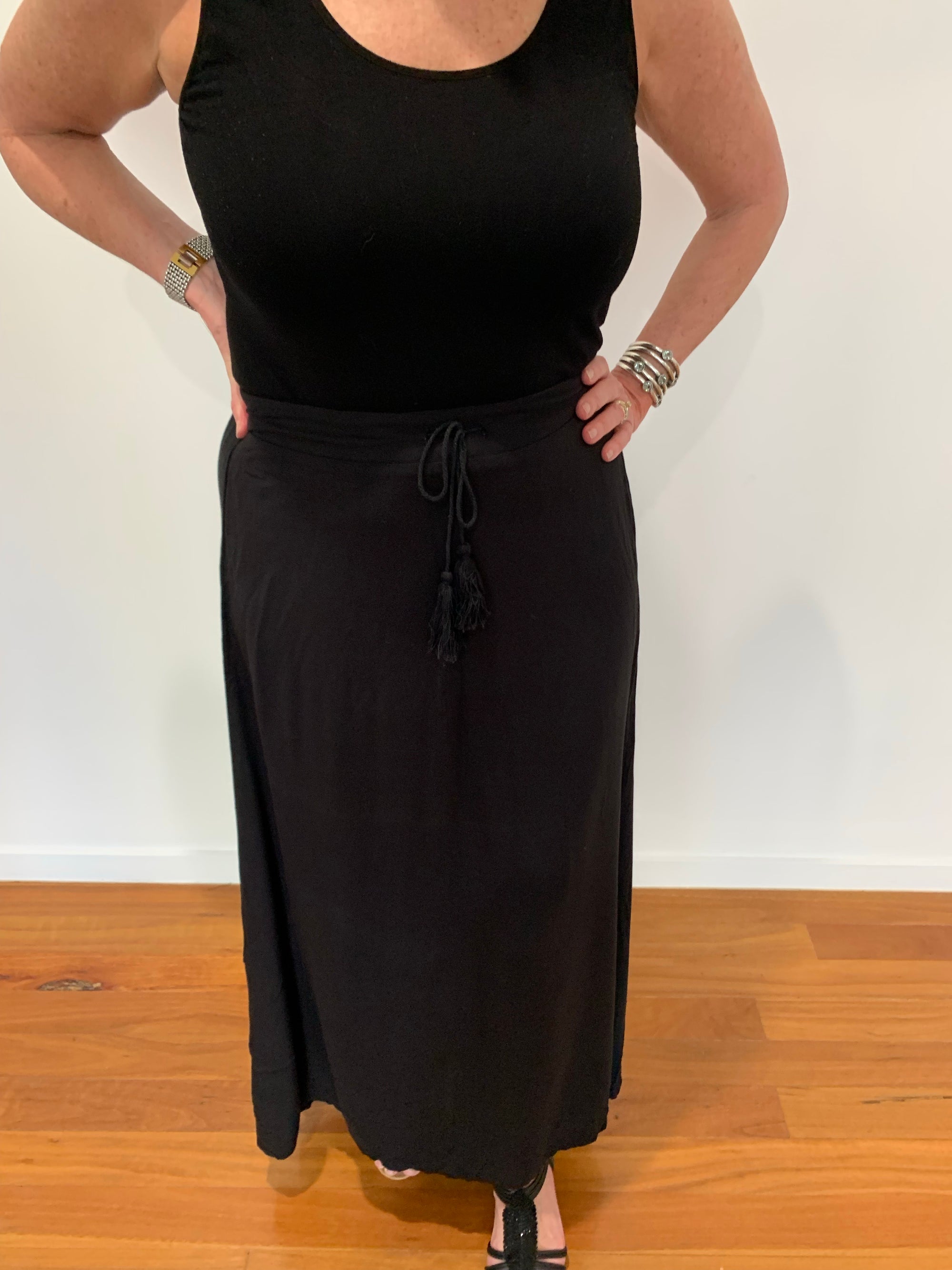 A-Line Skirt in Black with Drawstring Waist Ankle Length & Flattering Fall