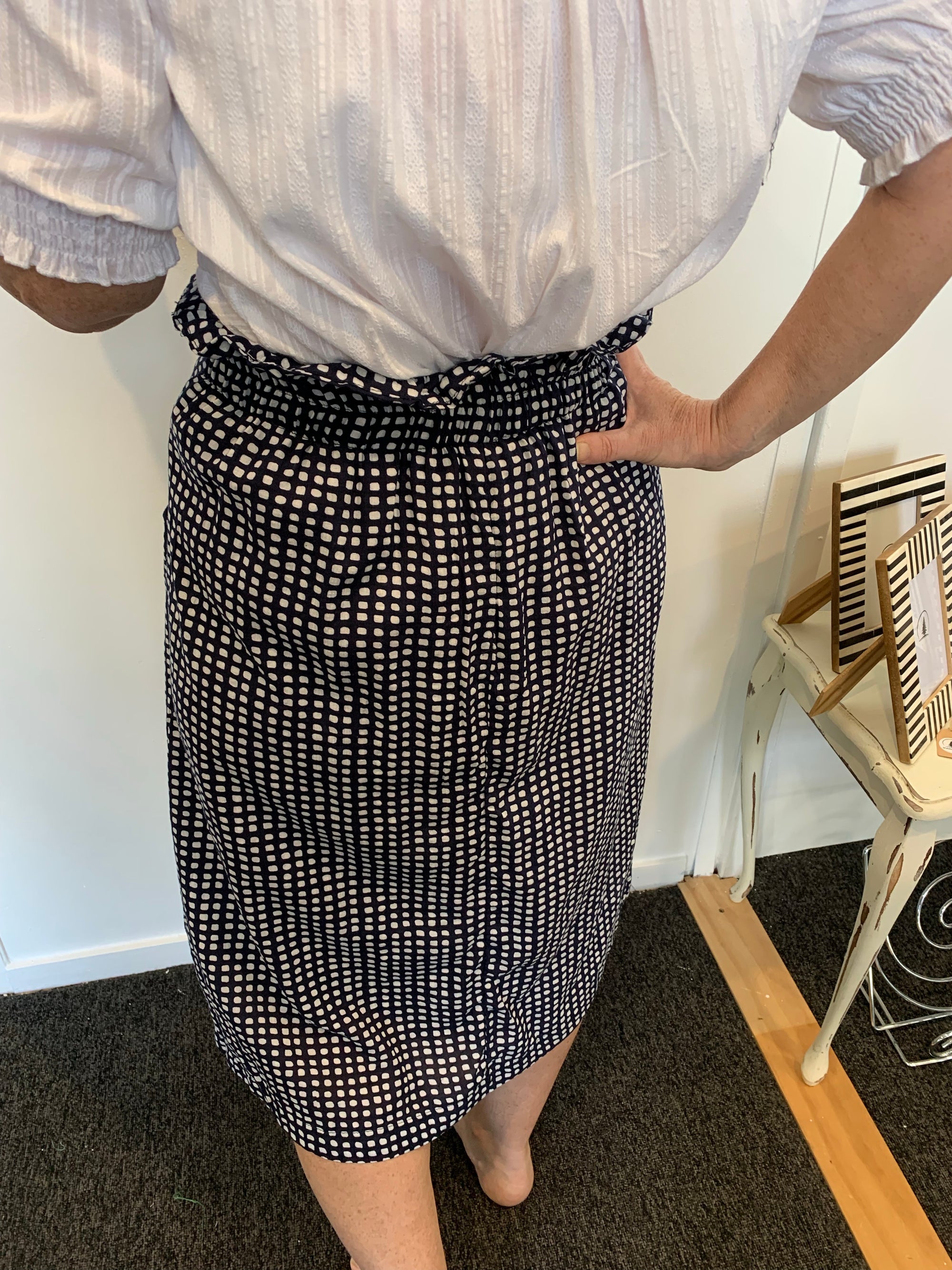 Navy Blue Below Knee Long Skirt with White Squares with Pockets in Linen/Rayon - Silver Wishes