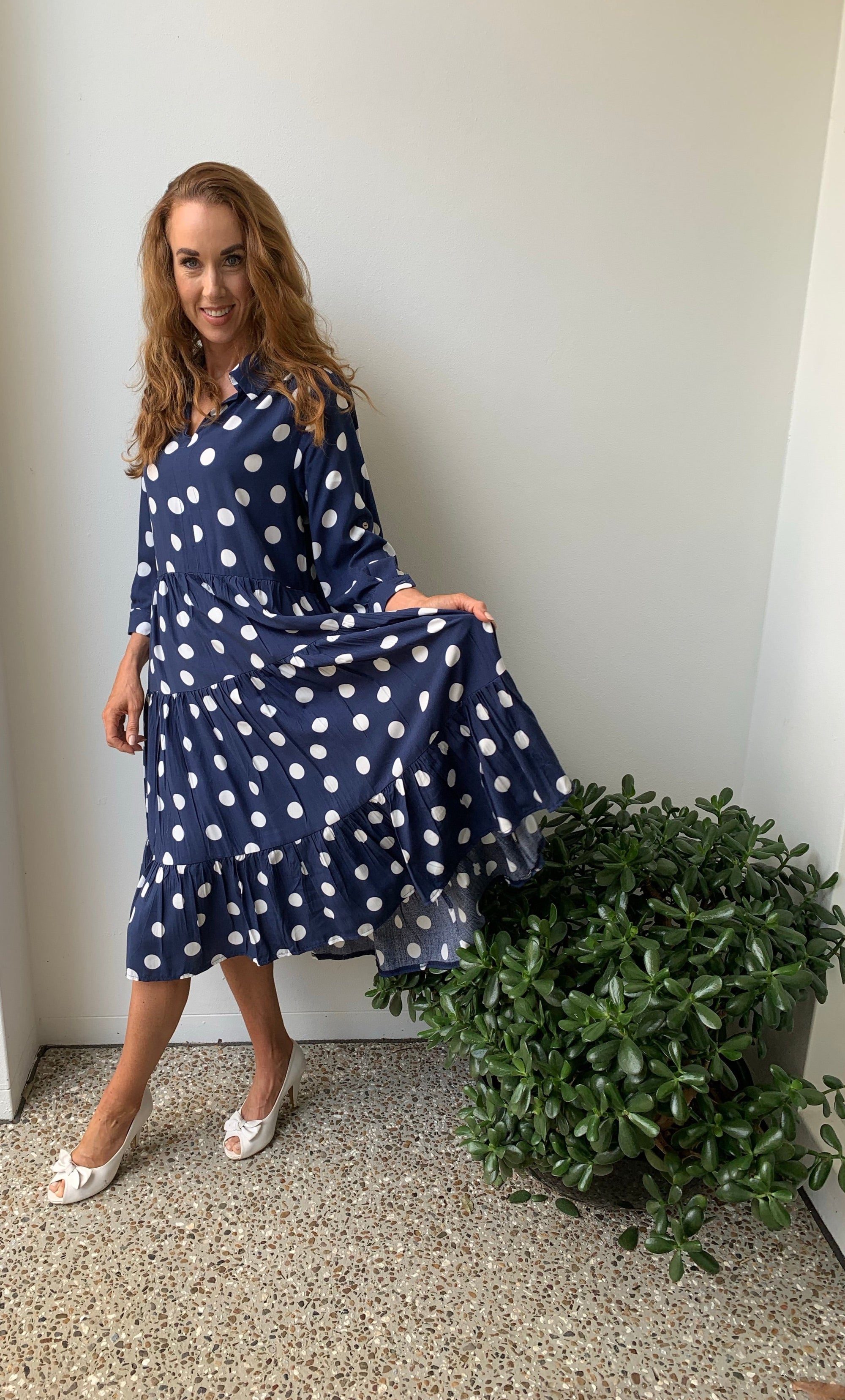 Tiered Shirt Dress in Navy Blue with White Dots Midi Long & Long Rollup Sleeves