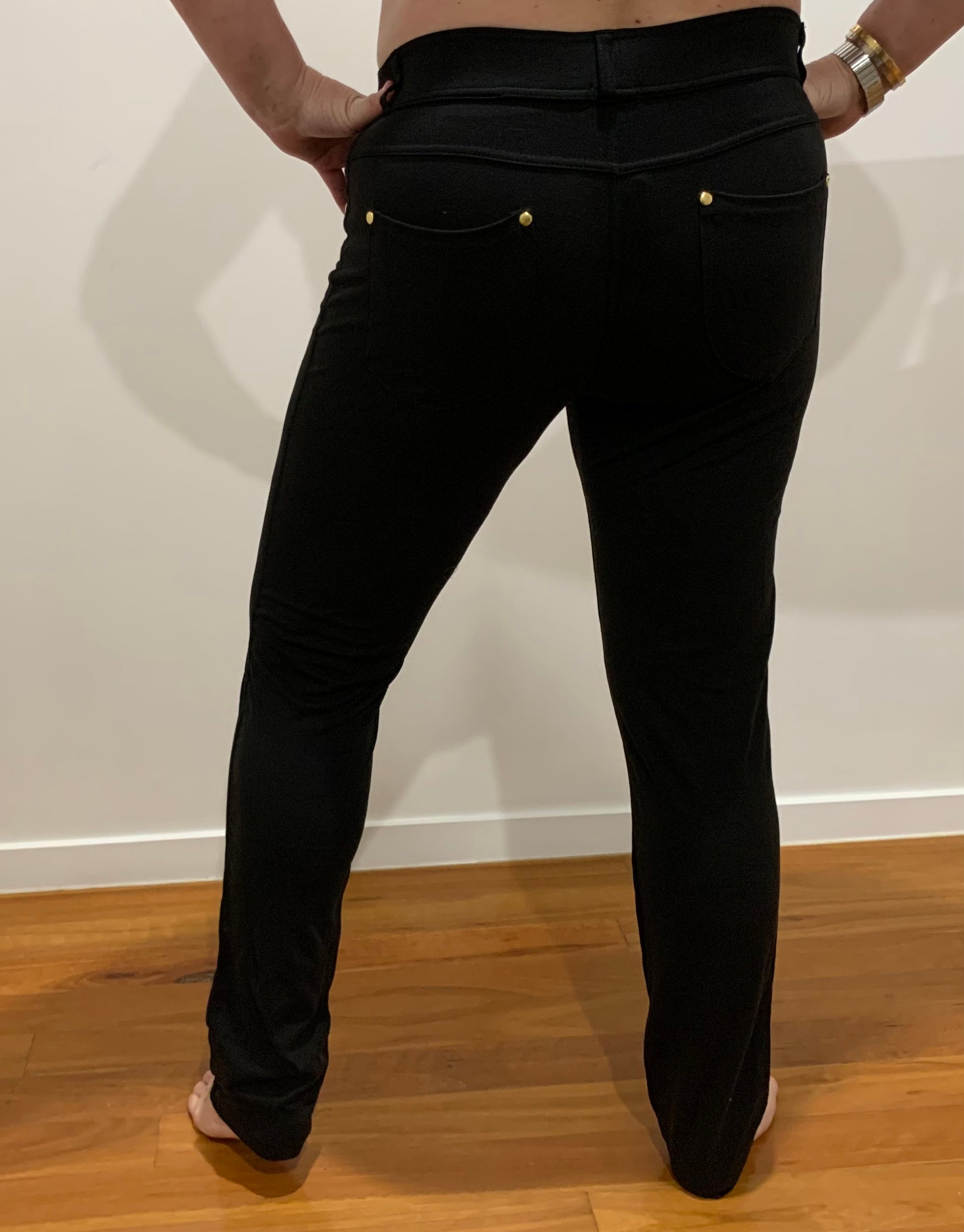 Four Way Stretch Super Comfortable Elastic Pants in Black with Gold Detail