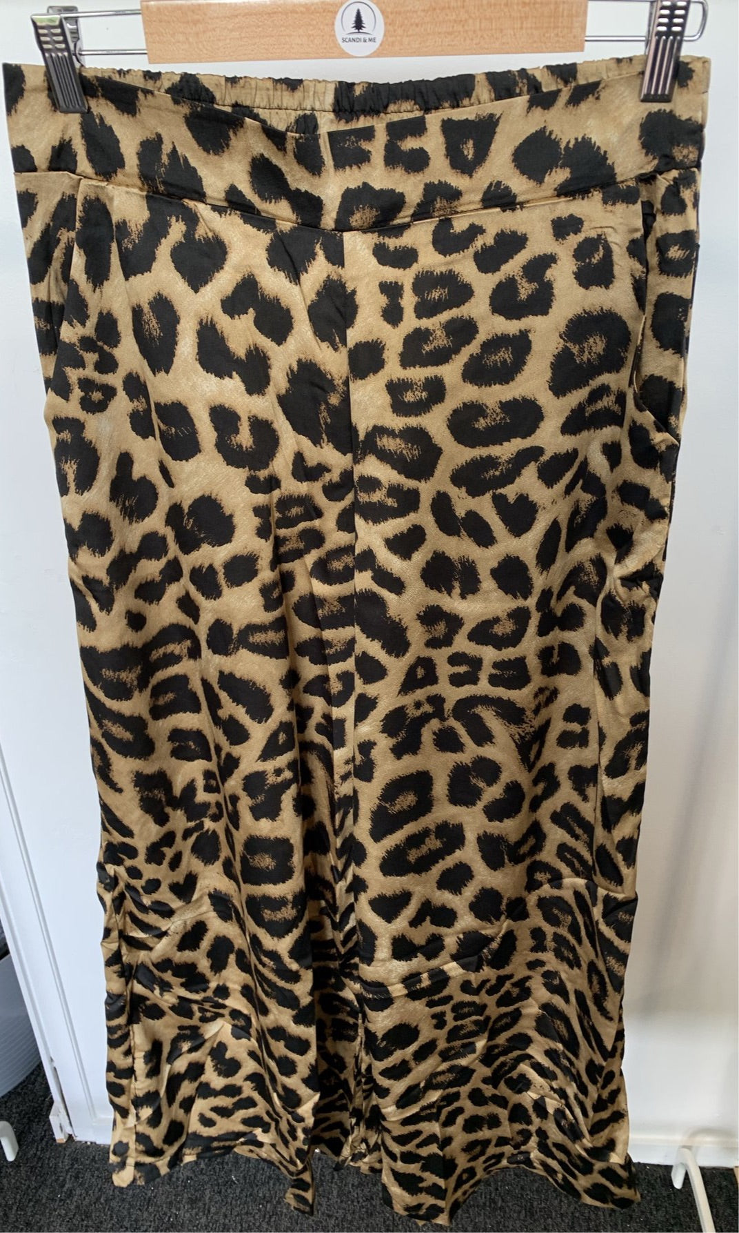 Wide Leg Pants in Brown/Black Leopard Print Elastic Waist - Silver Wishes