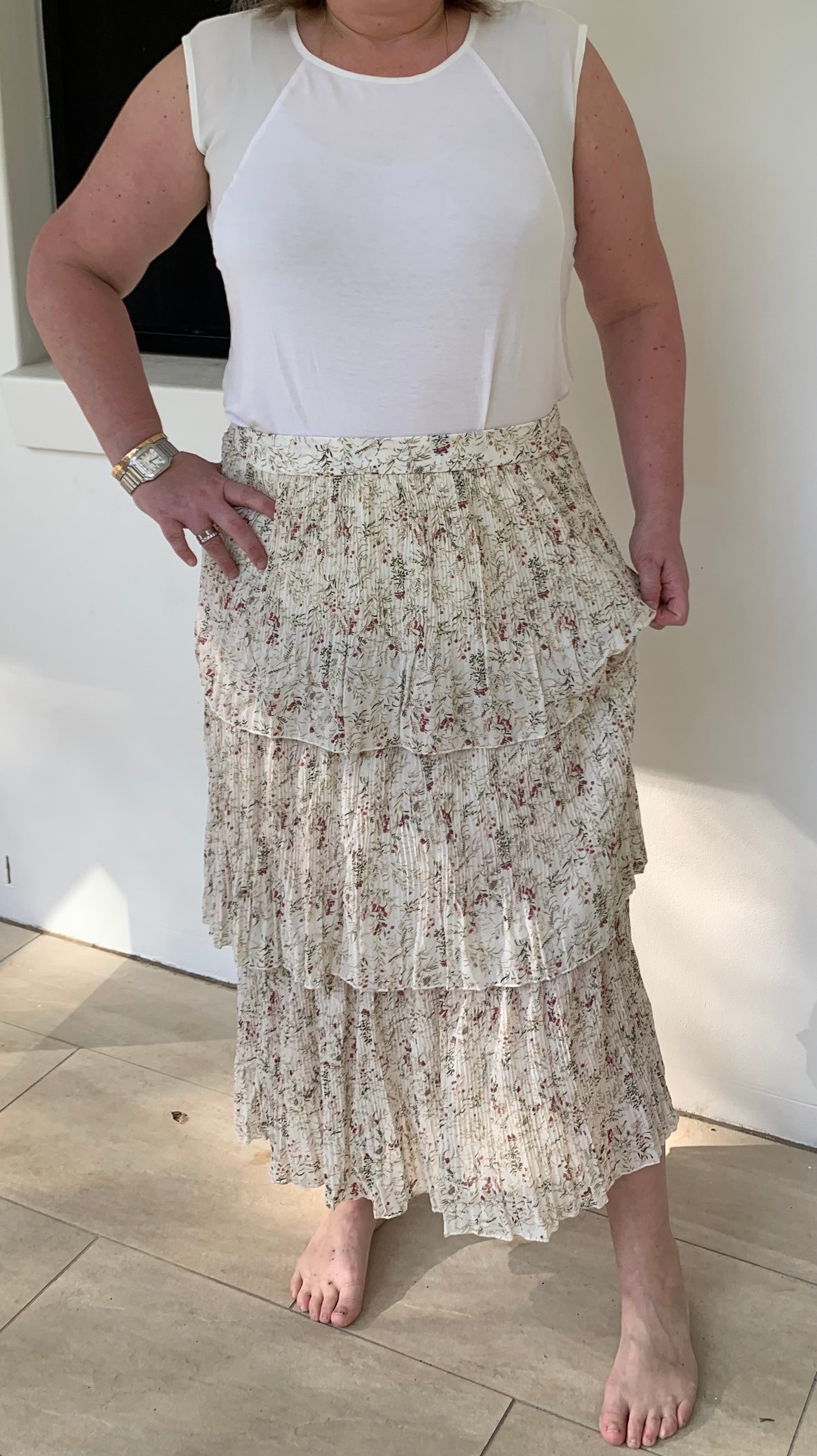White Floral Pleated Midi Skirt in Three Layers with Elastic Waist - Silver Wishes