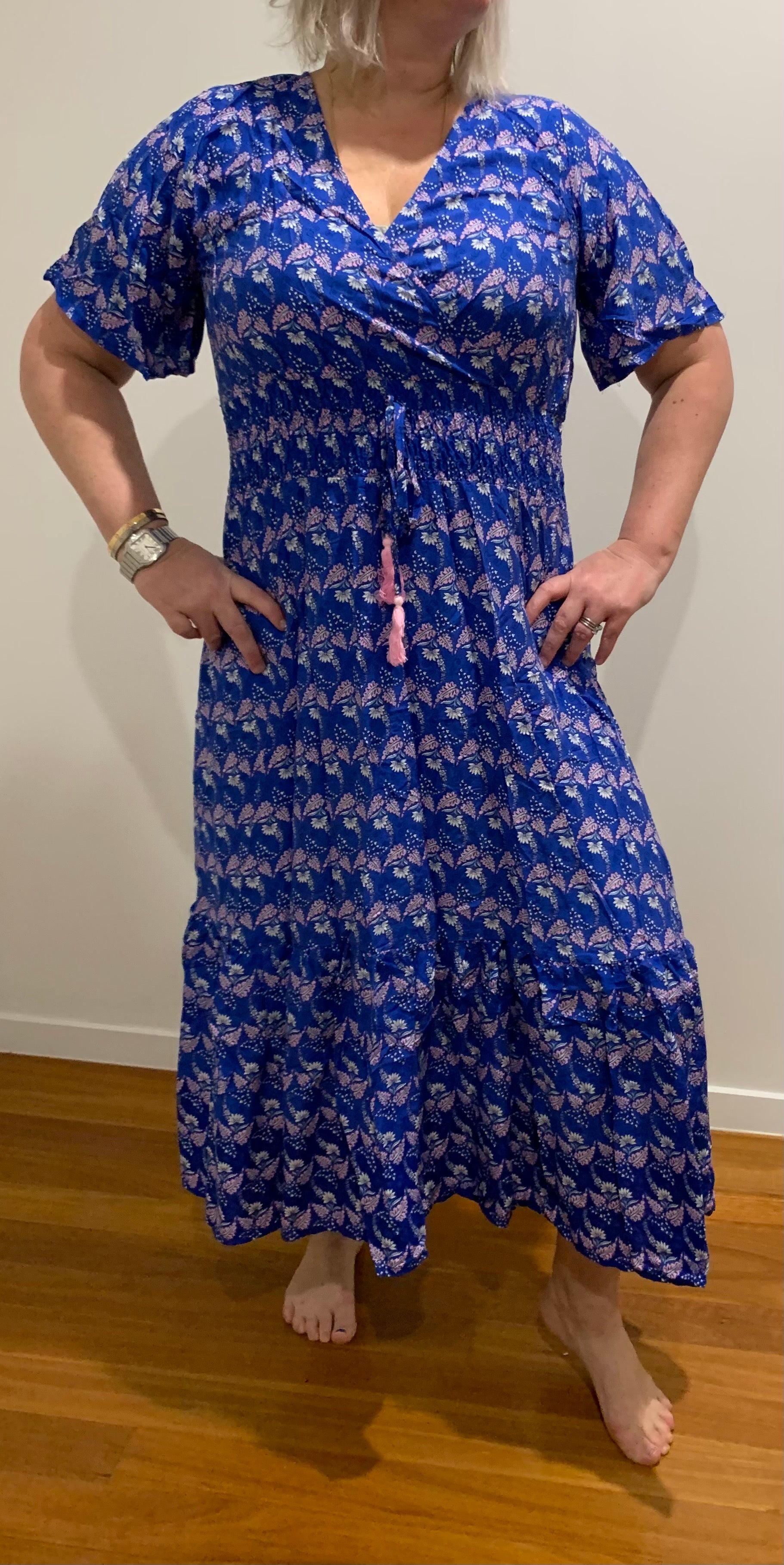 Cross Over Effortless Electric Blue Dress w Floral Print with Elastic Waist