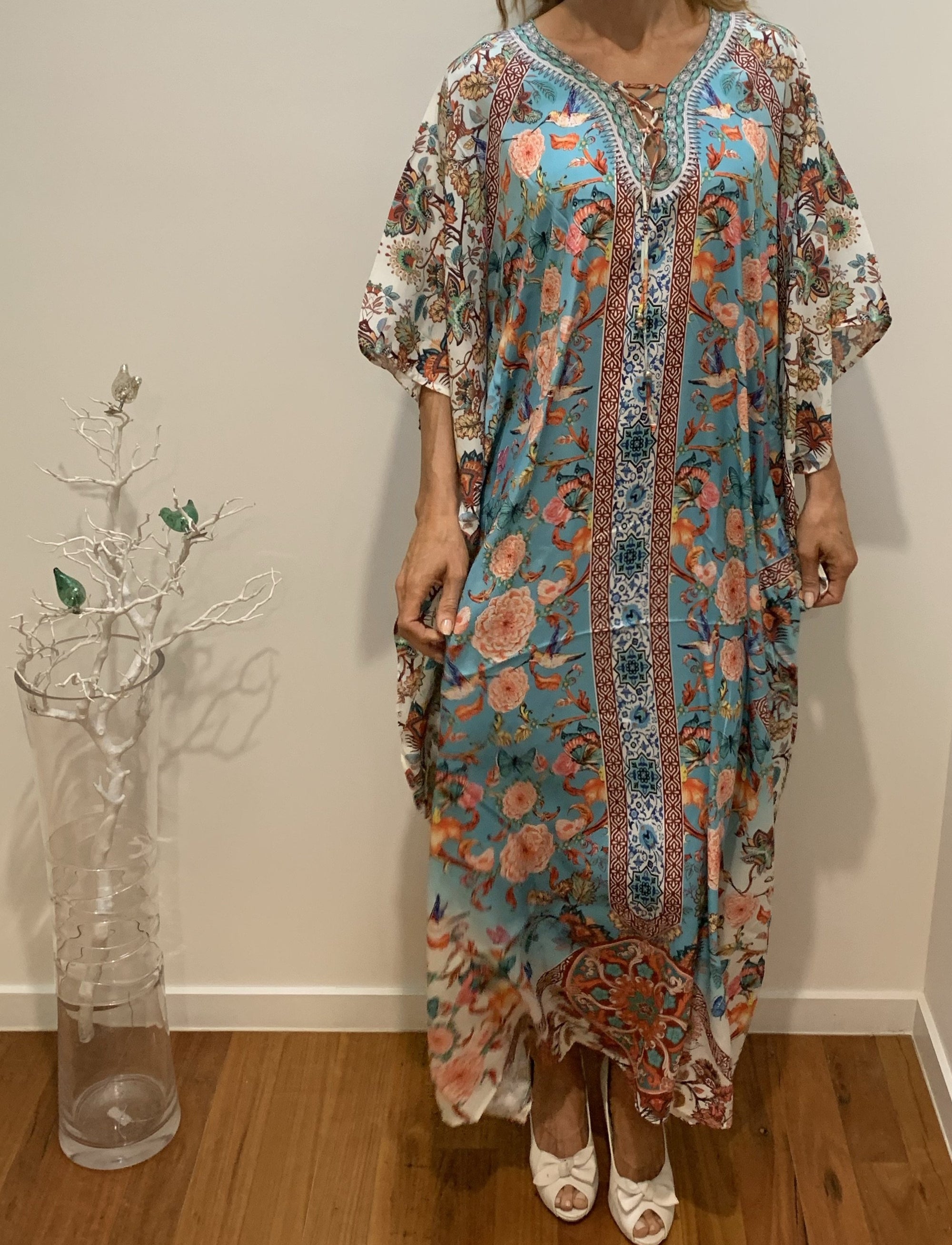 Kaftan Dress in Colourful Flower Print Will Fit Size 12-20 - Scandi & Me