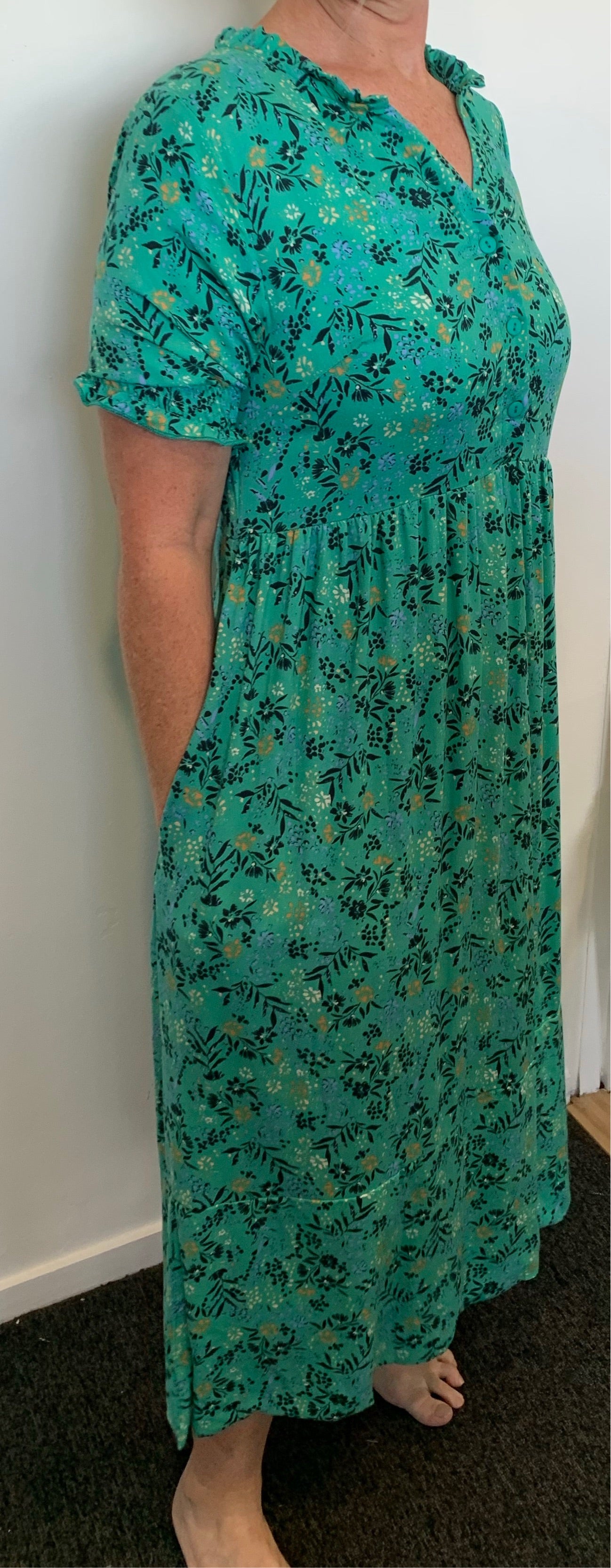 Teal Coloured A-Line Dress with Floral Print Pockets & Frill Neck - Silver Wishes