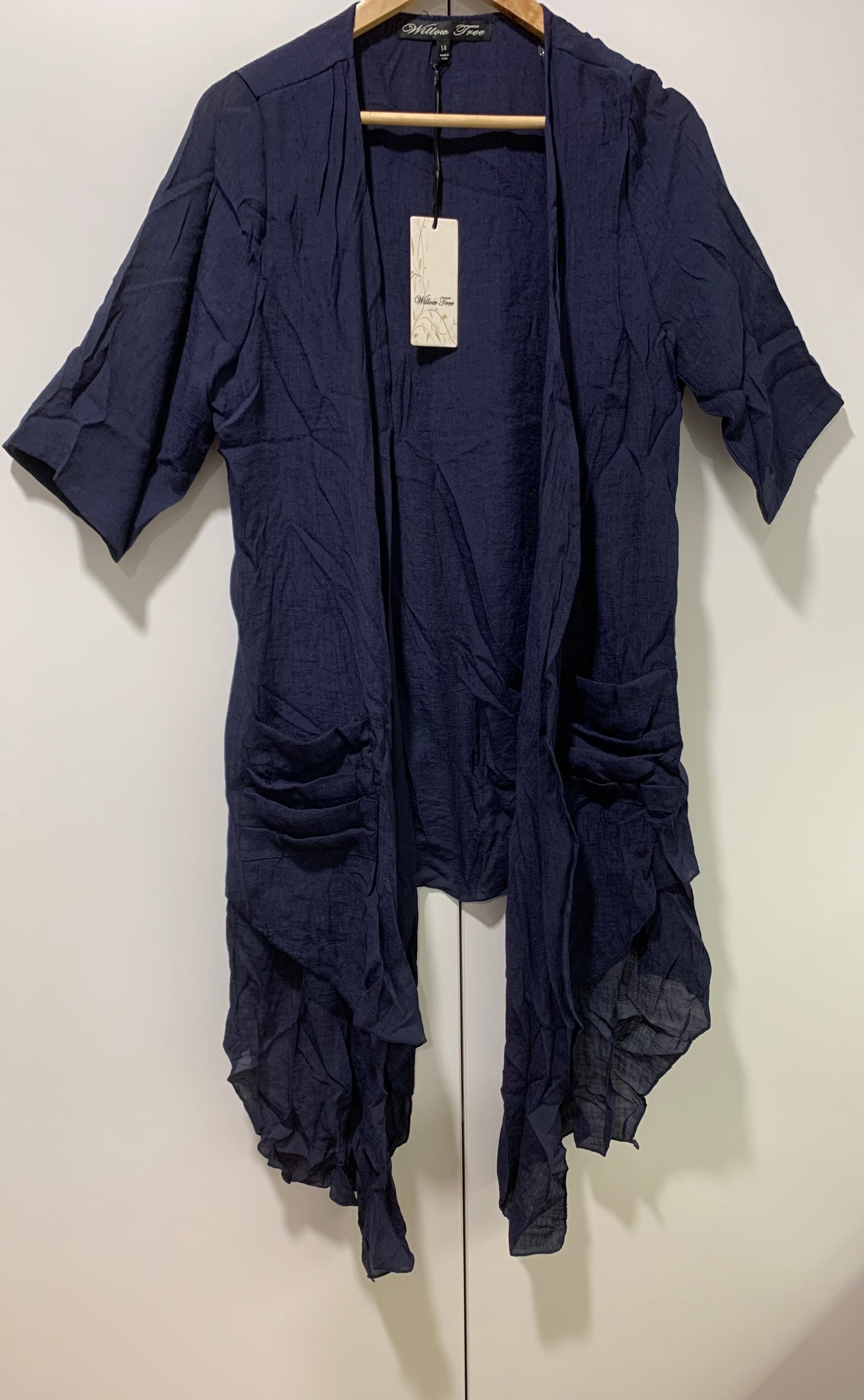 Navy Blue Pleated Versatile Summer Cardigan with Pockets