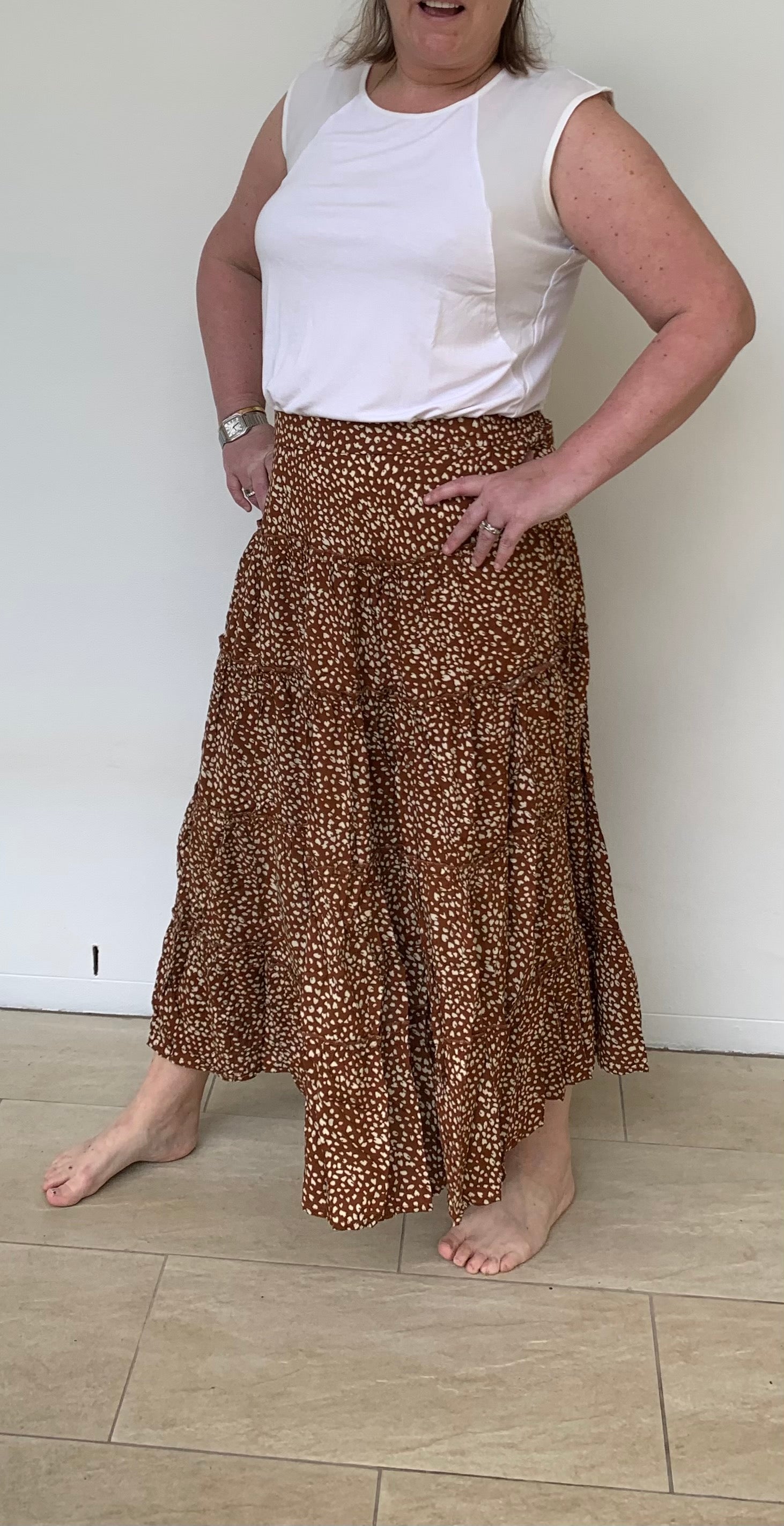 Tiered Brown & White Maxi Skirt with Elastic Waist - Silver Wishes