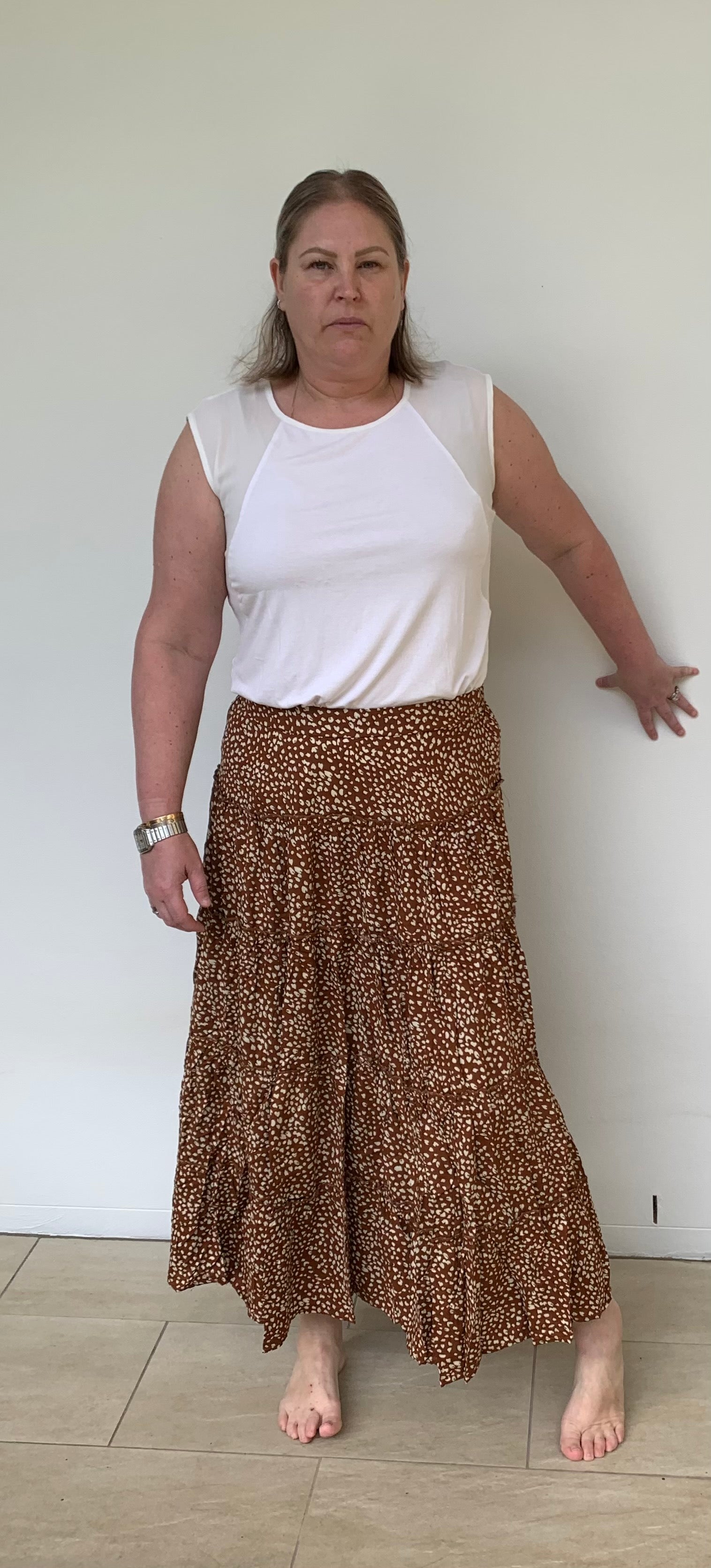 Tiered Brown & White Maxi Skirt with Elastic Waist - Silver Wishes