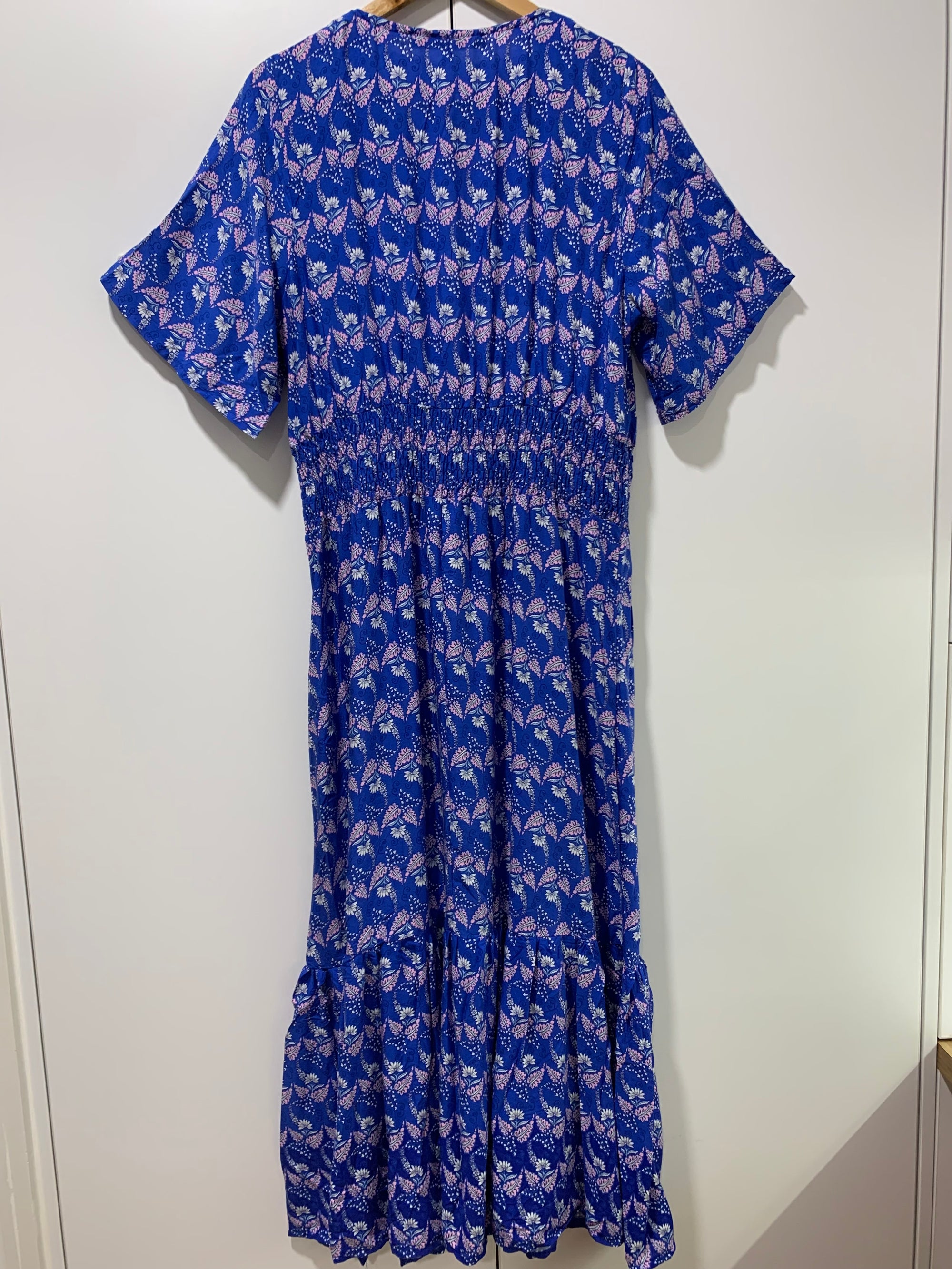 Cross Over Effortless Electric Blue Dress w Floral Print with Elastic Waist