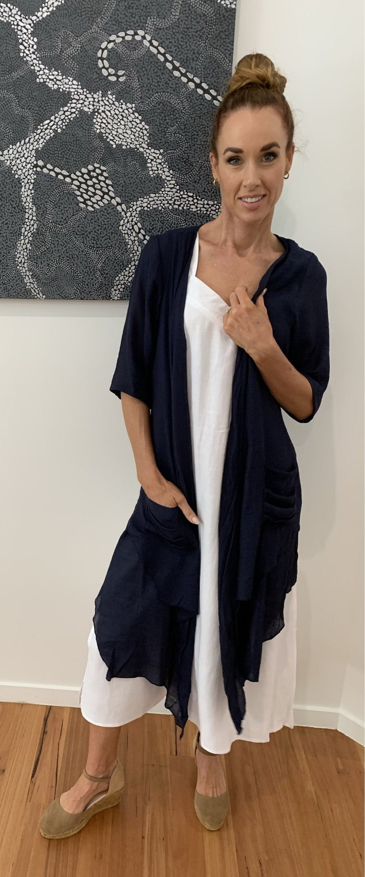 Navy Blue Pleated Versatile Summer Cardigan with Pockets