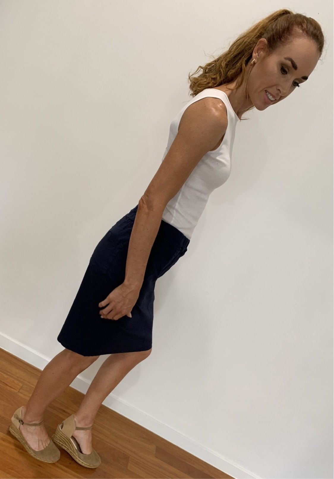 Short Skirt in Navy Blue Four Way Stretch Linen Blend Super Elastic & Comfortable - Willow Tree