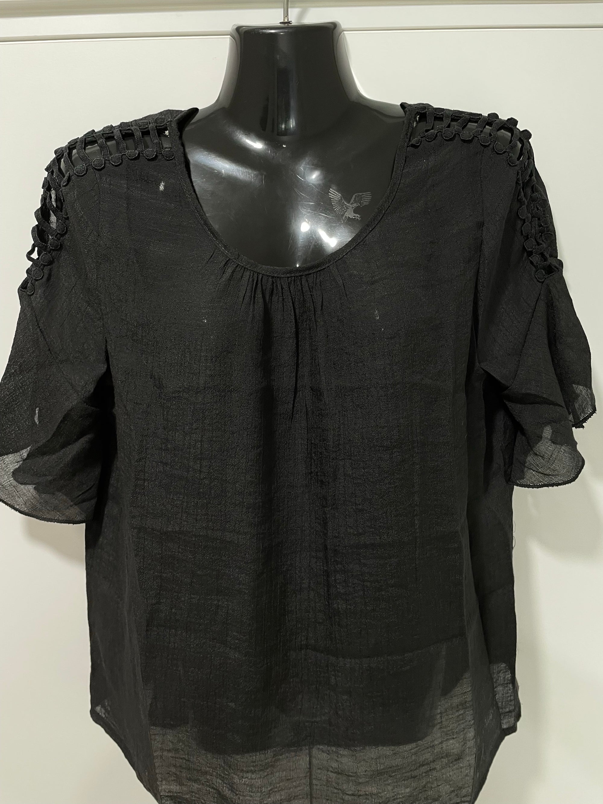 Black Top with Shoulder Detail & Flounce Sleeve