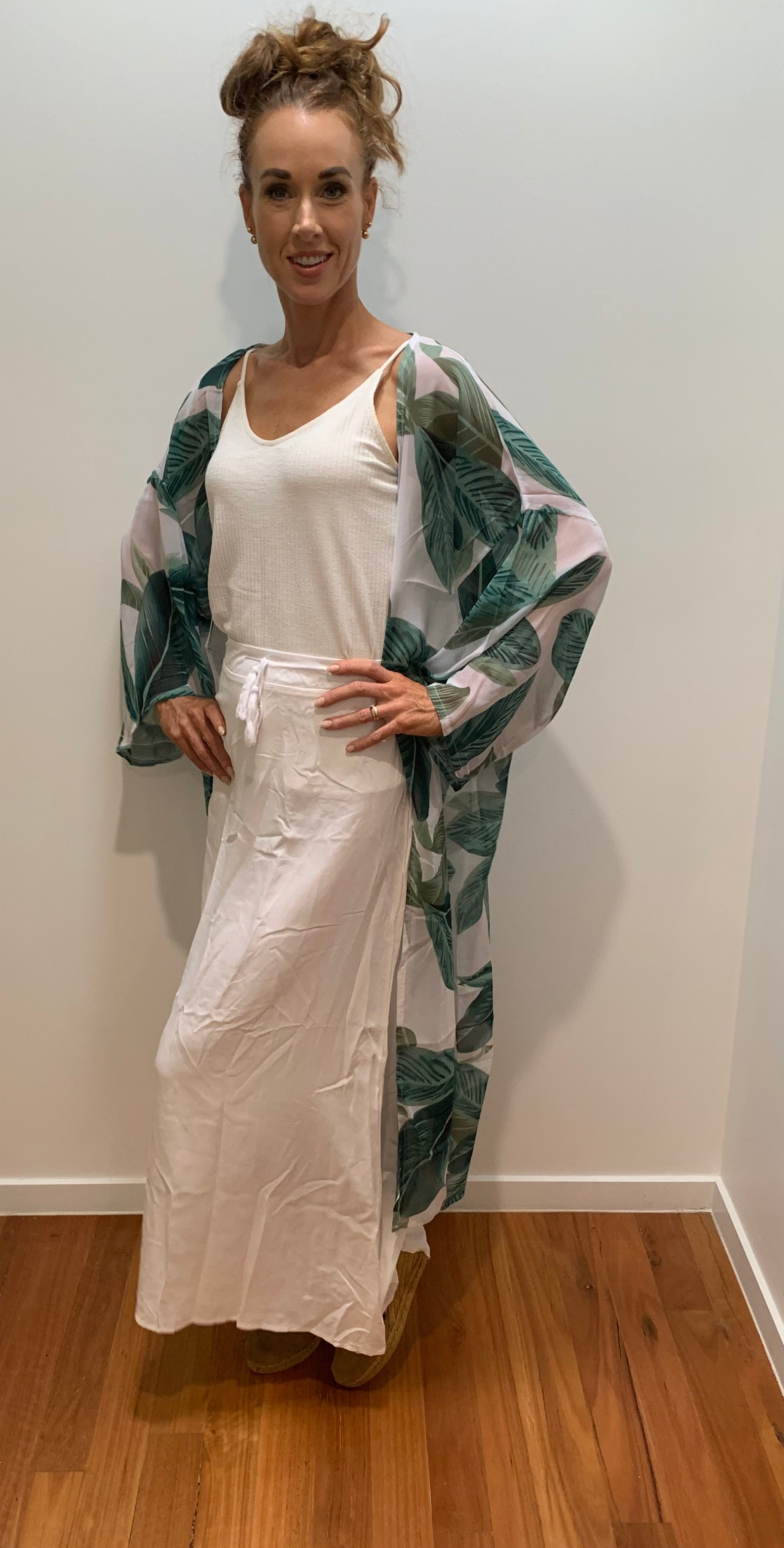 White Sheer Long Summer Kimono w Green Leaf Print in Size 12-18 - Scandi & Me
