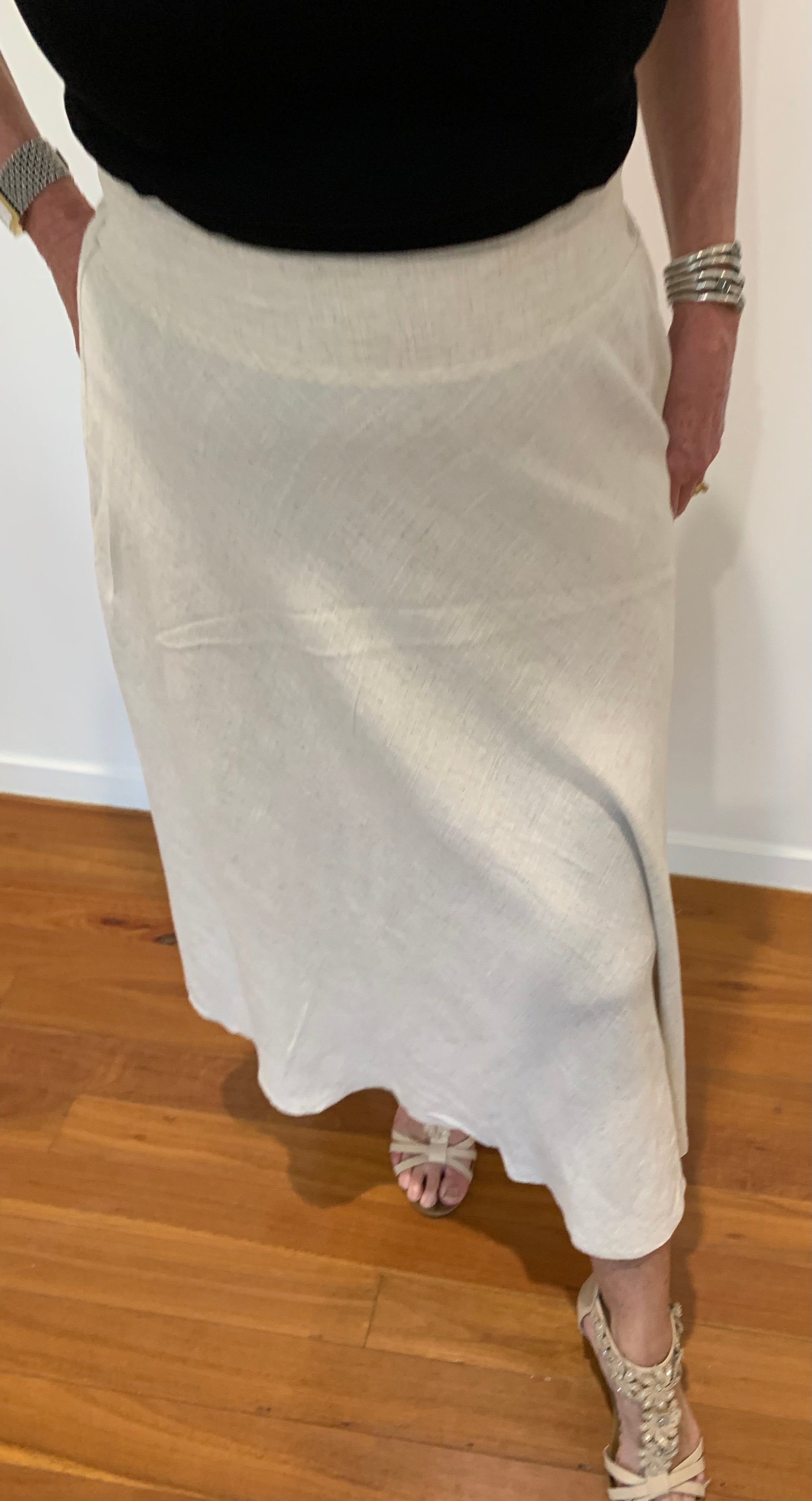 Midi Skirt in Off White Linen Blend with Elastic Waist - Willow Tree