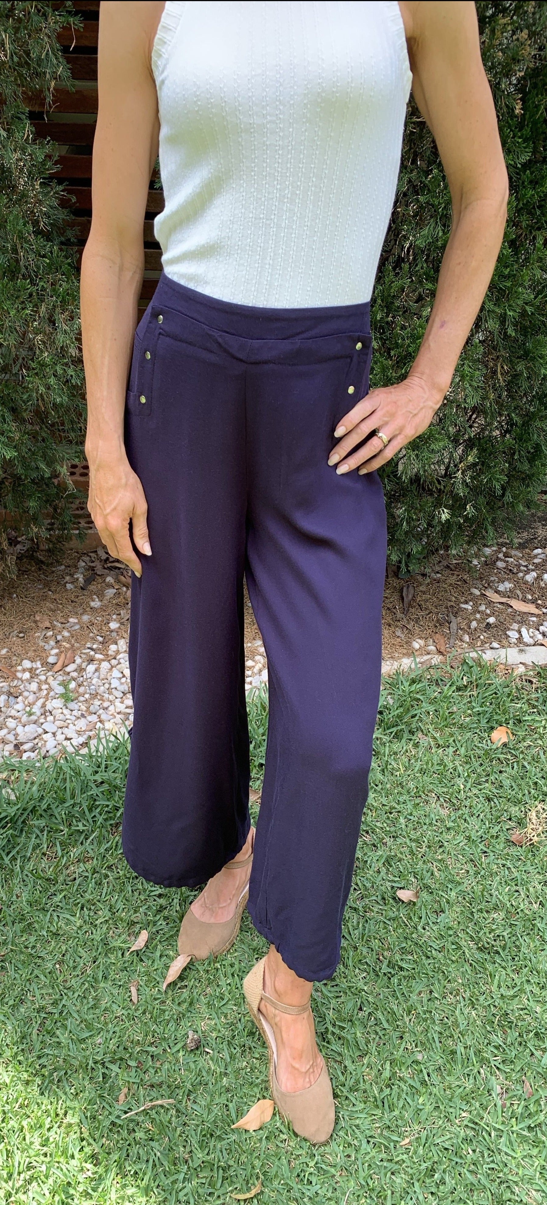 Navy Pants with Side Ties and Studs Comfortable and Flowing Elastic Waist