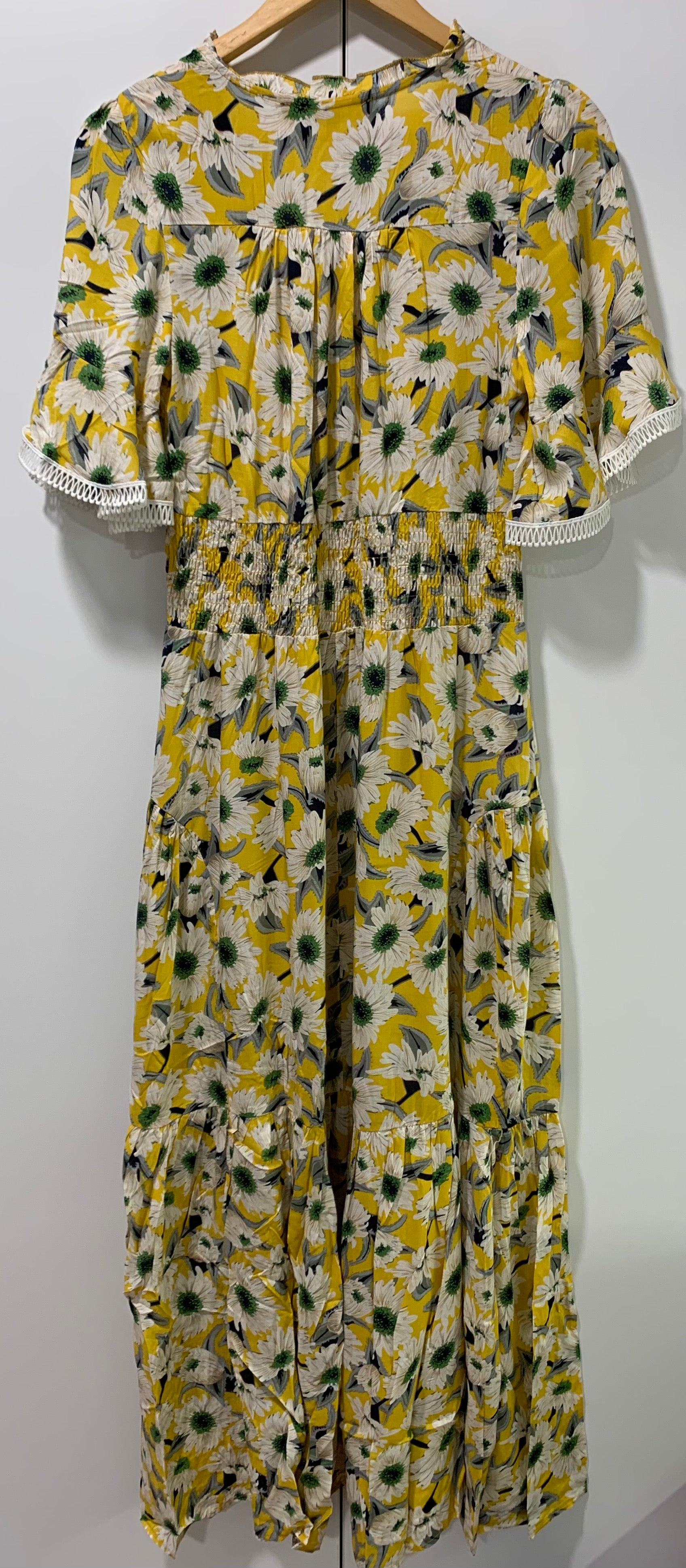 Maxi Dress in Yellow with Floral Print & Bell Sleeves w Crocheted Detail - Willow Tree