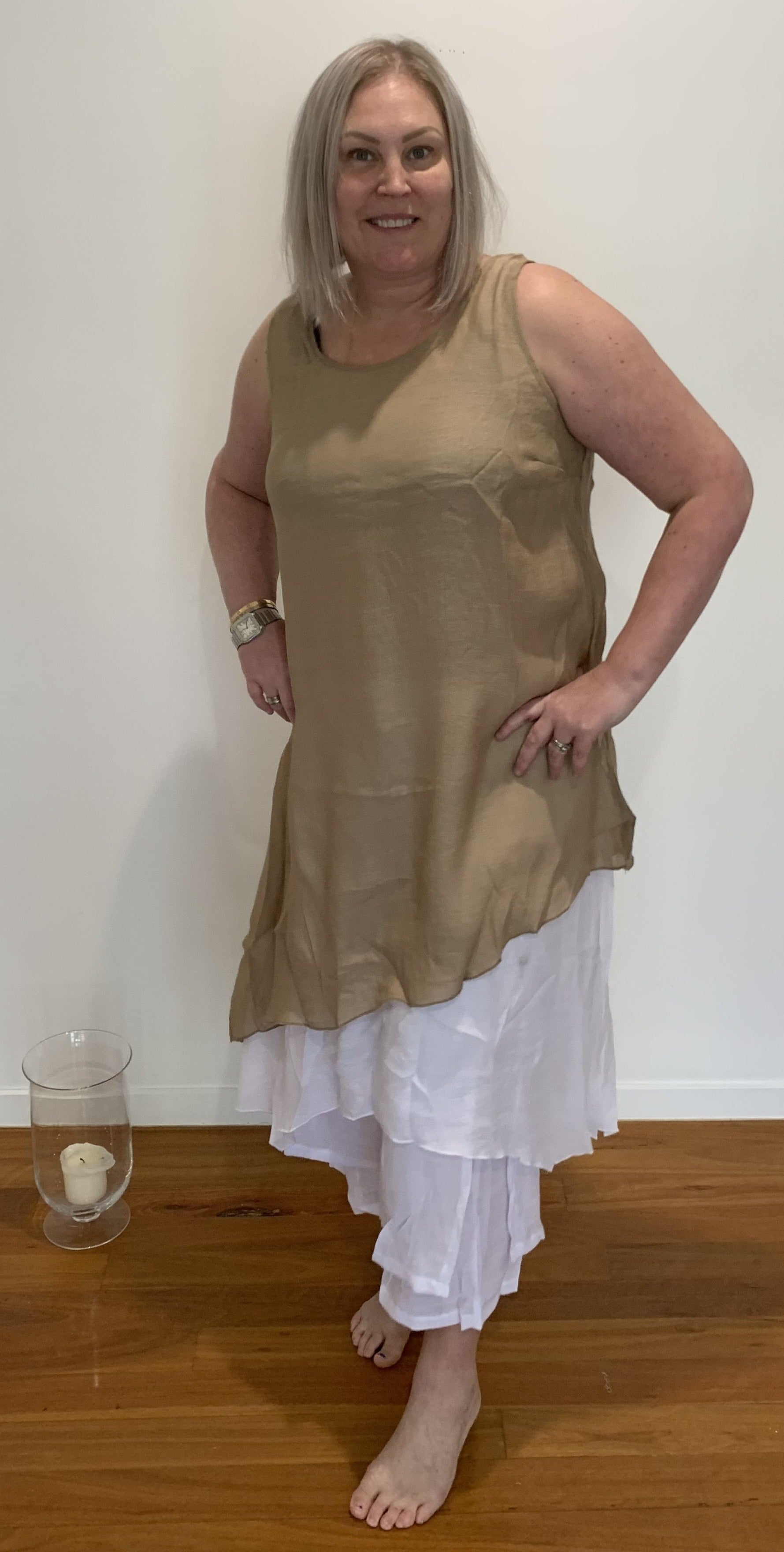 Contrast Layer Singlet Dress in Mocha on White - Mix & Match
