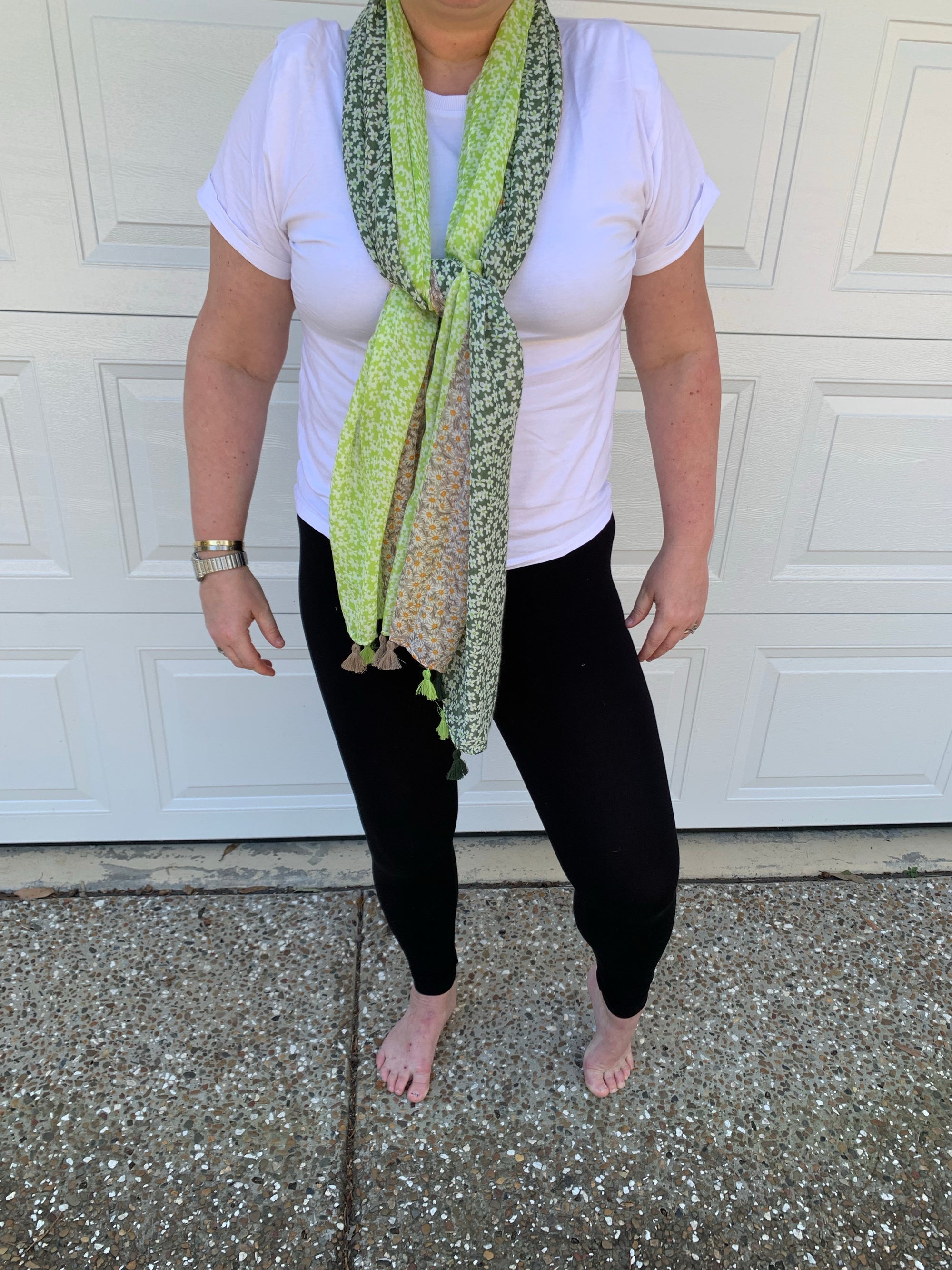 Oversized Summer Scarf in Lime Green Green and Mocha with Floral Pattern