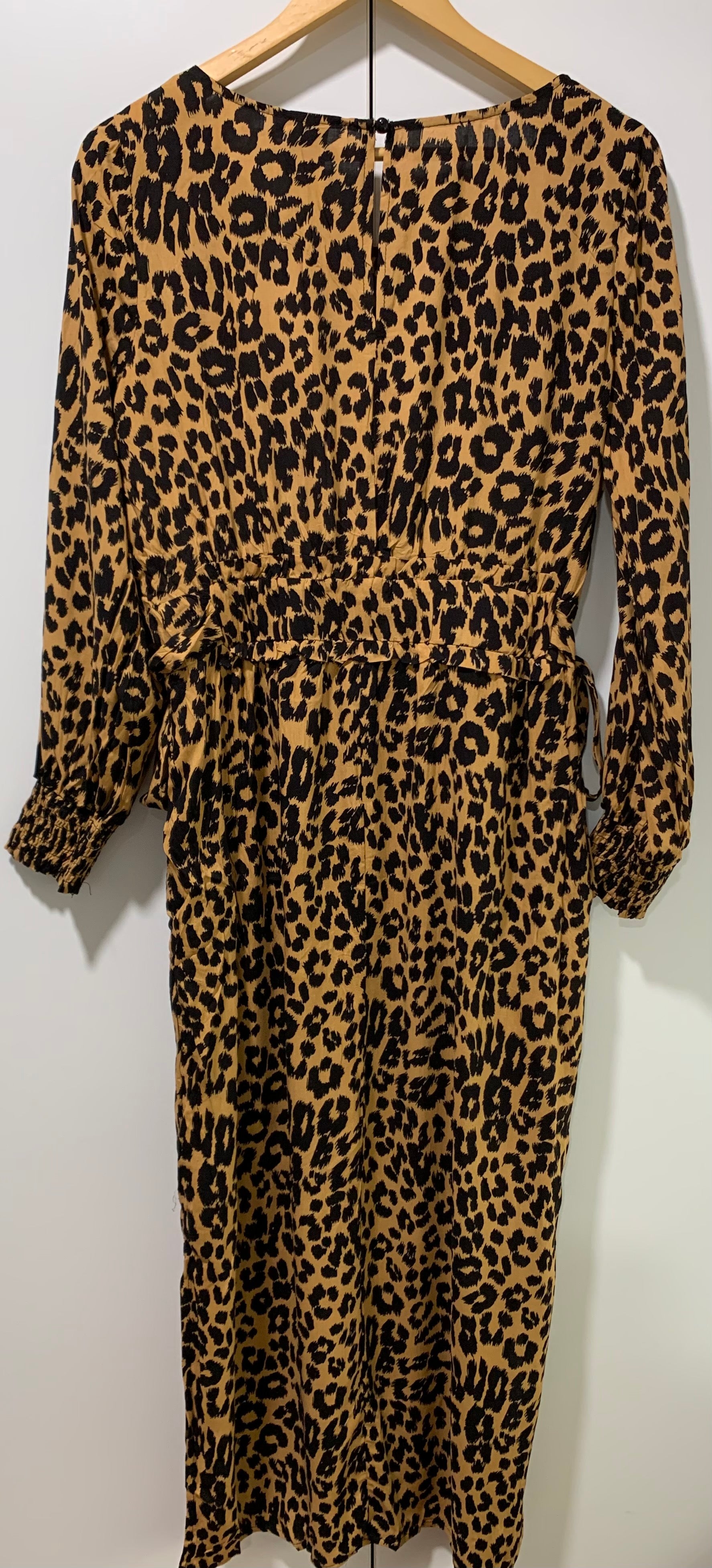 Maxi Dress Black & Tan with Side Ties in Leopard Print Ankle Long with Long Sleeves - Silver Wishes