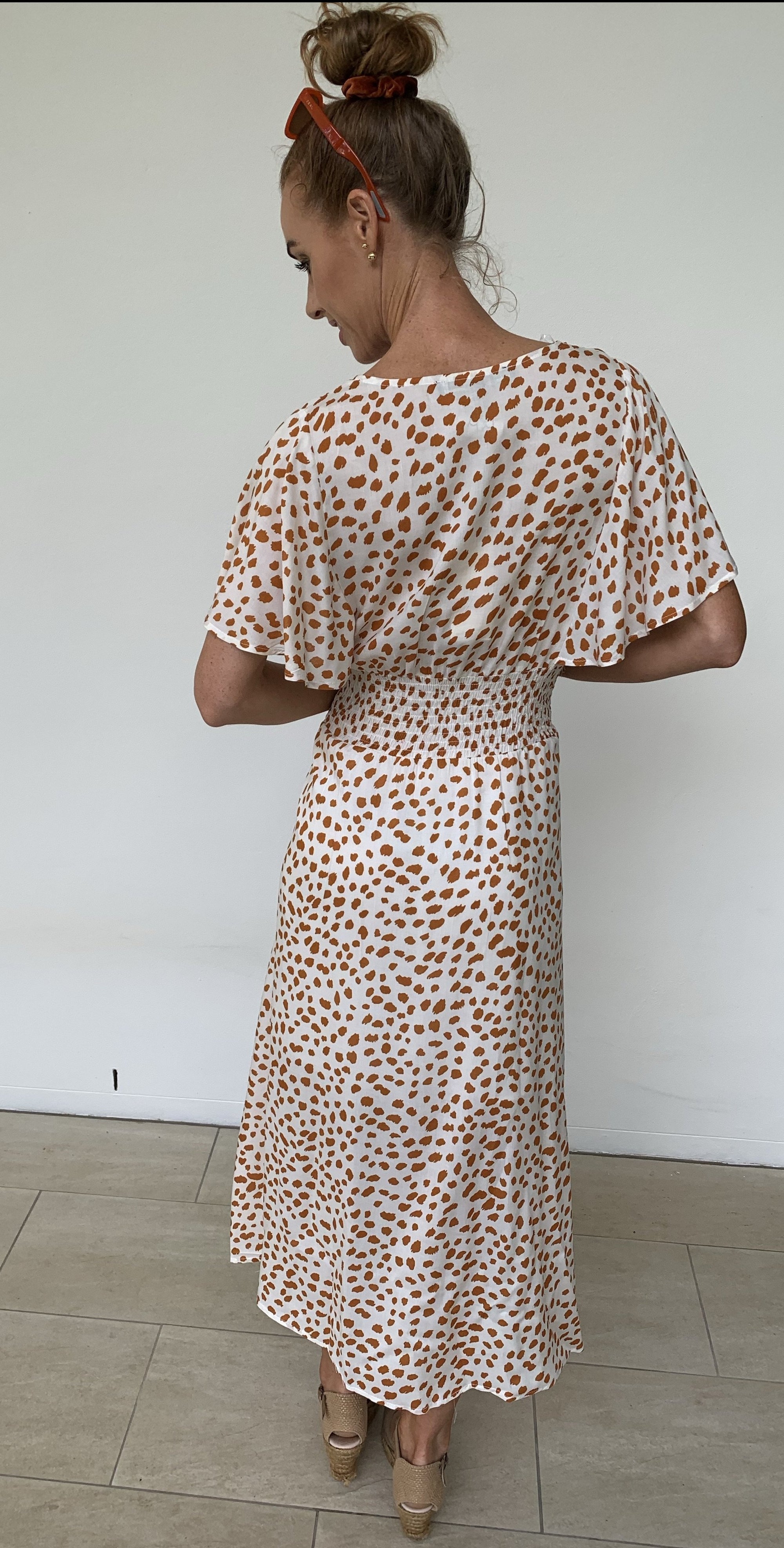 Dot Dress with CrossOver Chest Elastic Waist in White & Burnt Orange - Willow Tree
