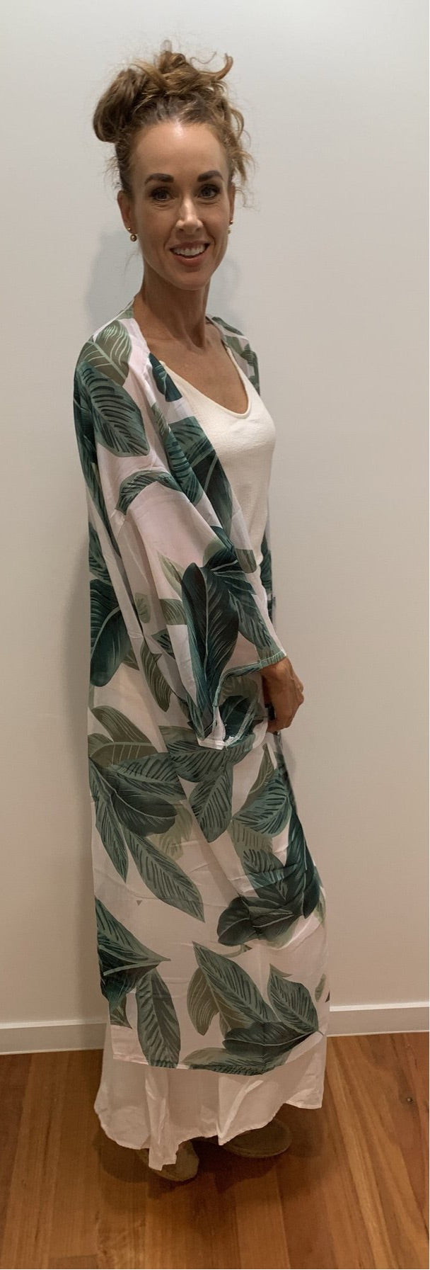 White Sheer Long Summer Kimono w Green Leaf Print in Size 12-18 - Scandi & Me