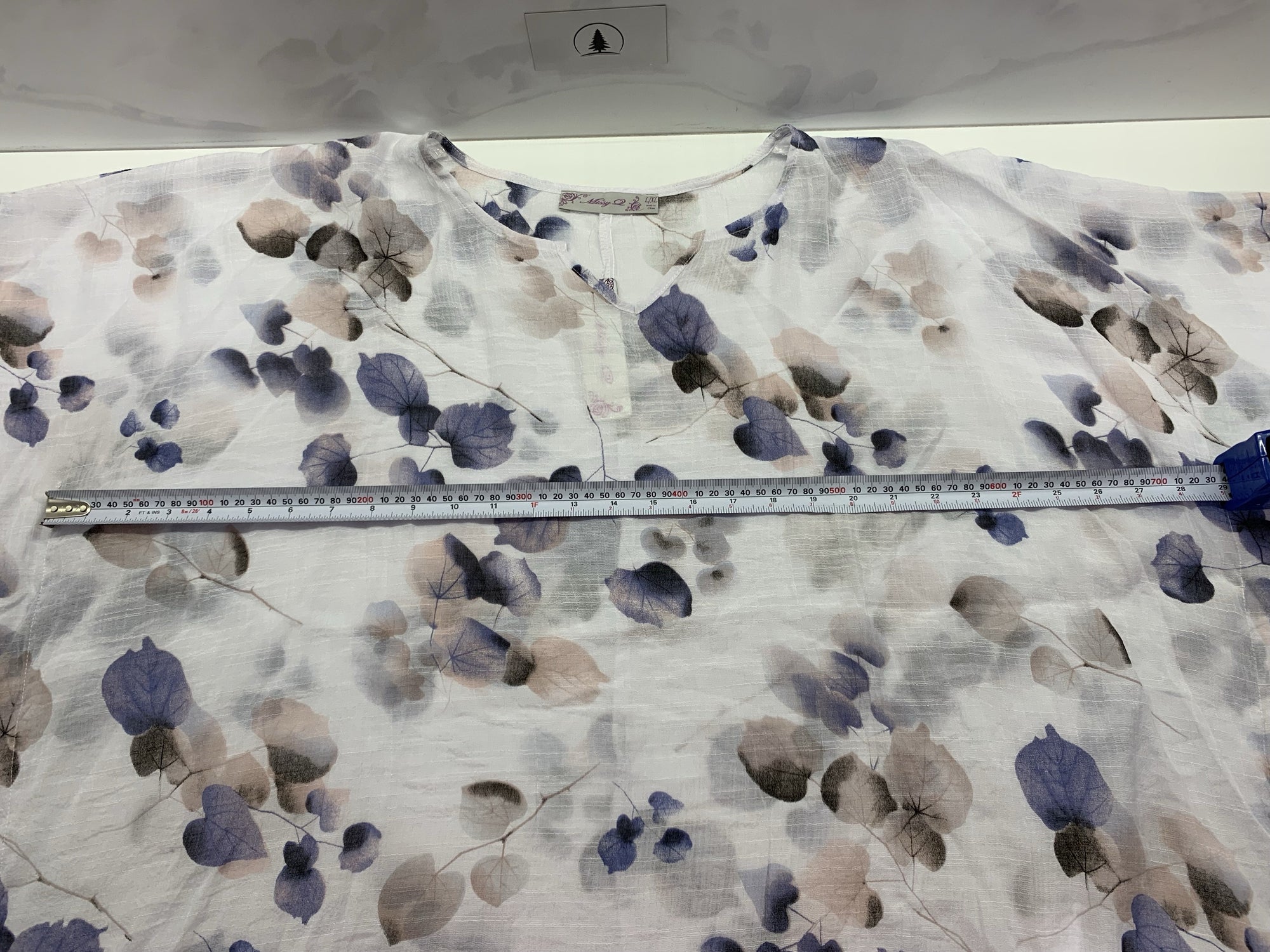 White Sheer Kaftan w Blue/Pink Leaf Pattern in Cotton Blend