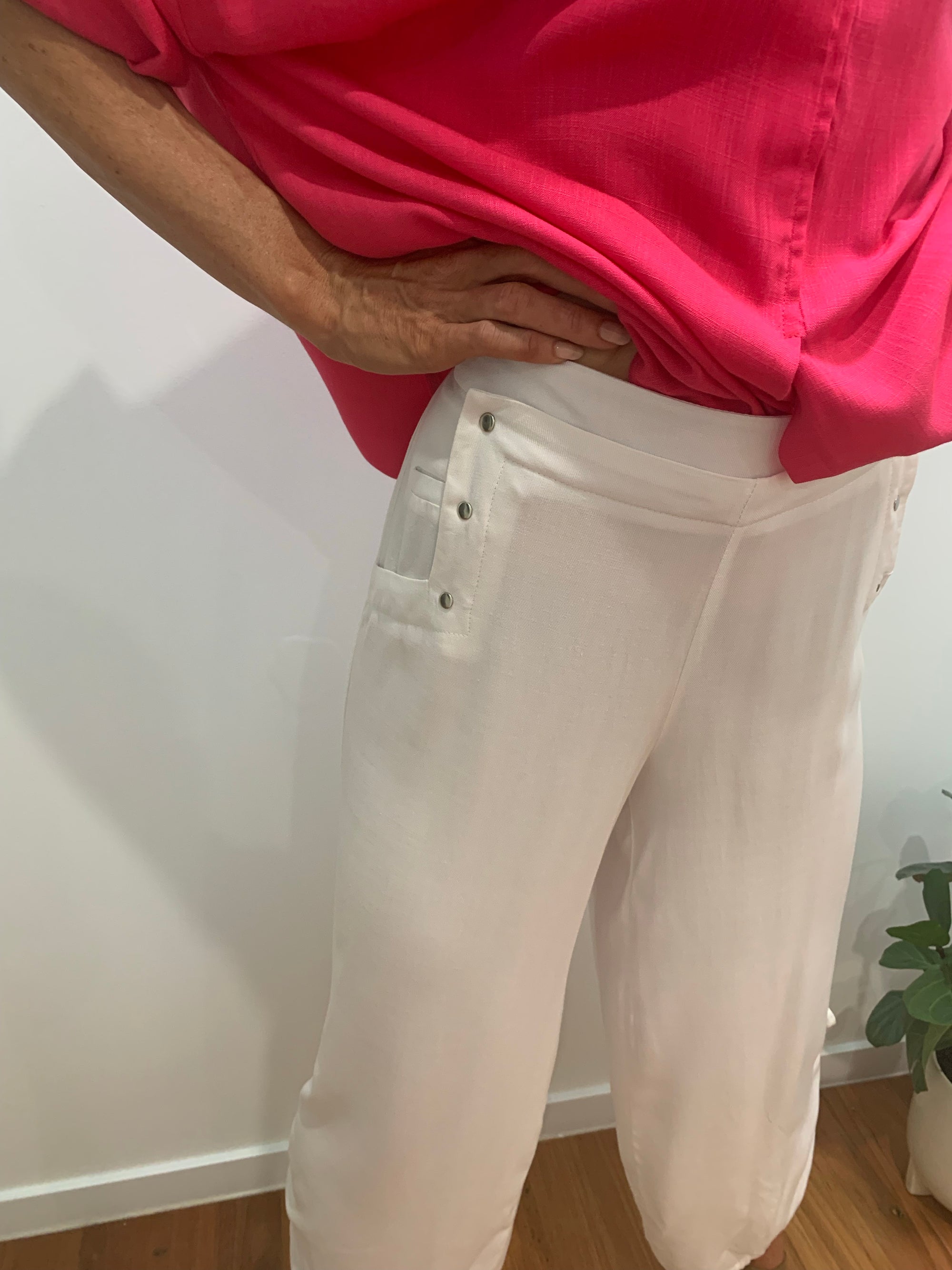 White Pants with Ties and Stud Details Comfort and Elegance Elastic Waist