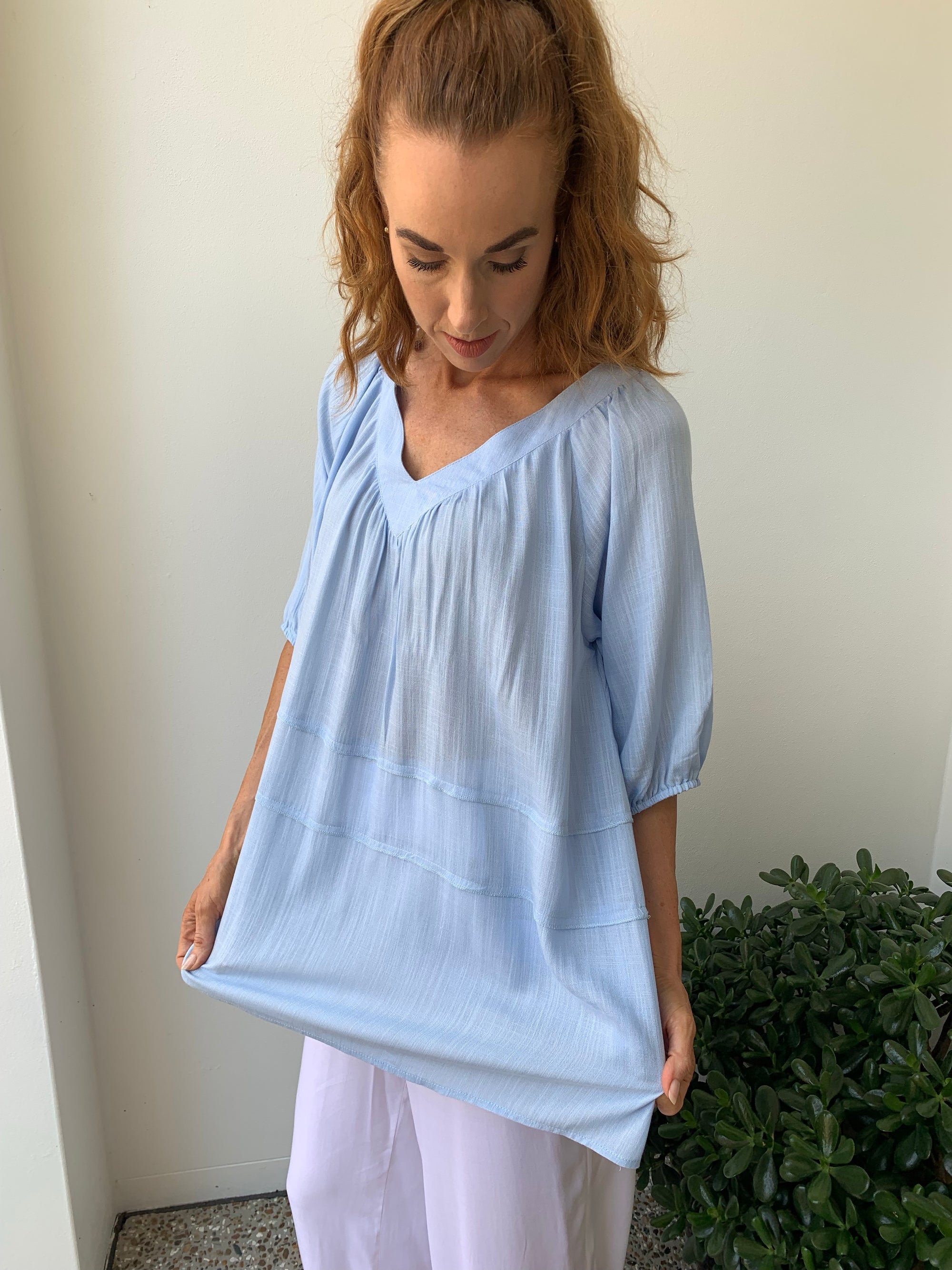 Tiered Top in Baby Blue with 1/2 Long Sleeve in Linen & Rayon - Willow Tree