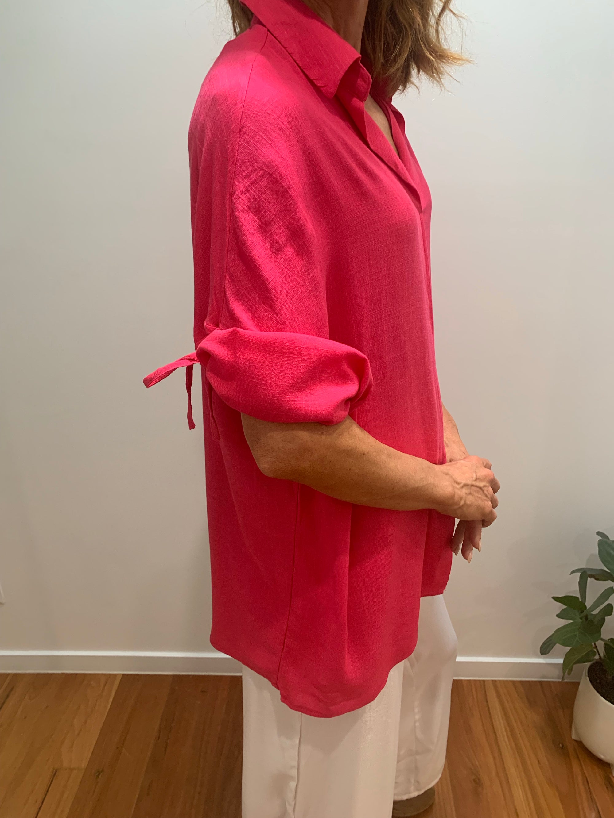 Hot Pink Top with Tie Sleeves and Collar in Comfortable Rayon