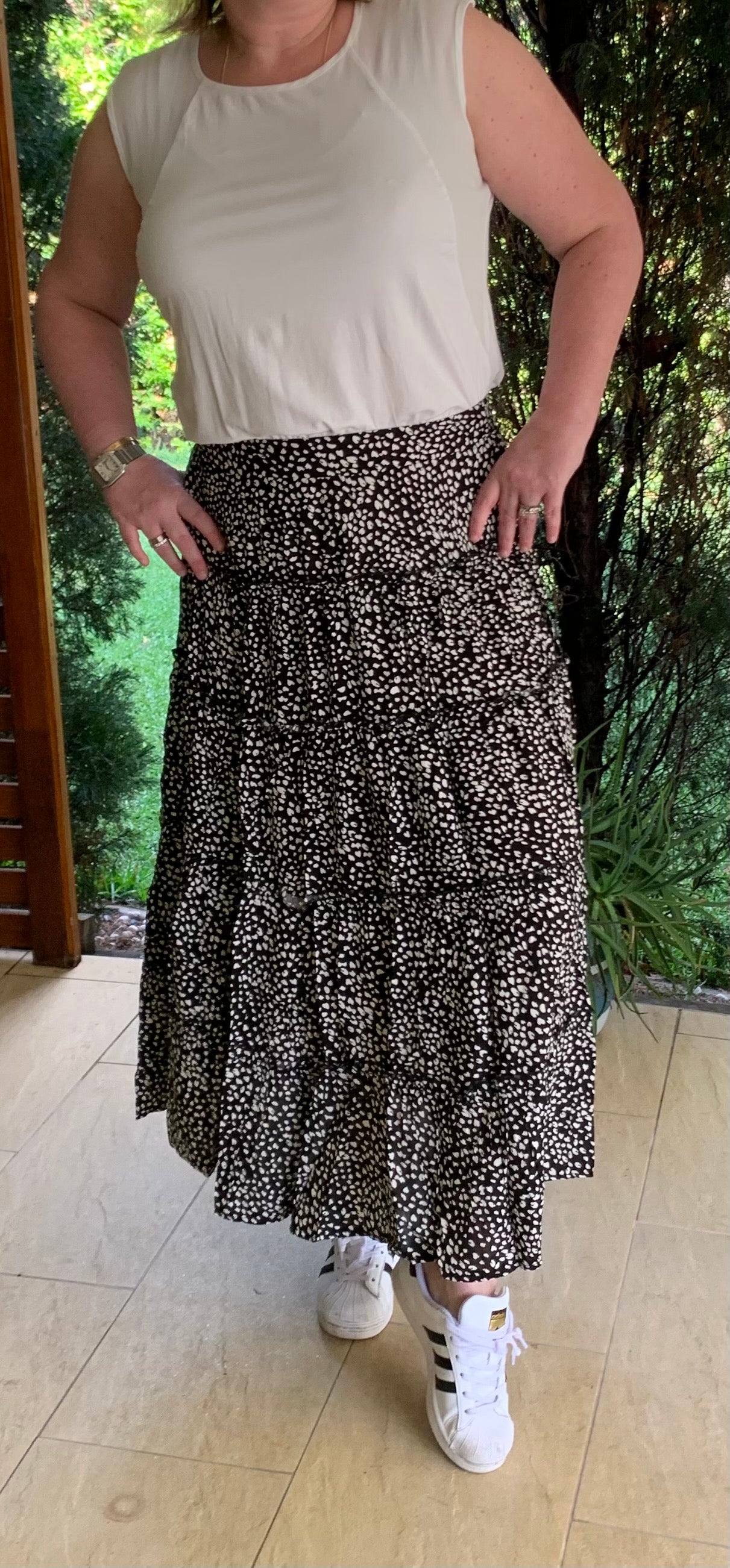 Silver Wishes Tiered Black & White Pattern Maxi Skirt with Elastic Waist