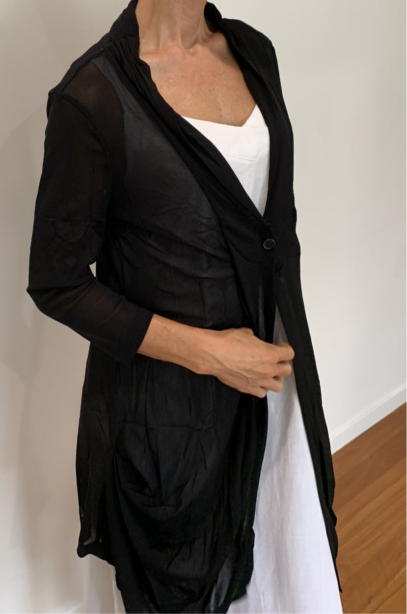 Mesh Cardigan with Button Close in Sheer Black Long Length Perfect Cover Up