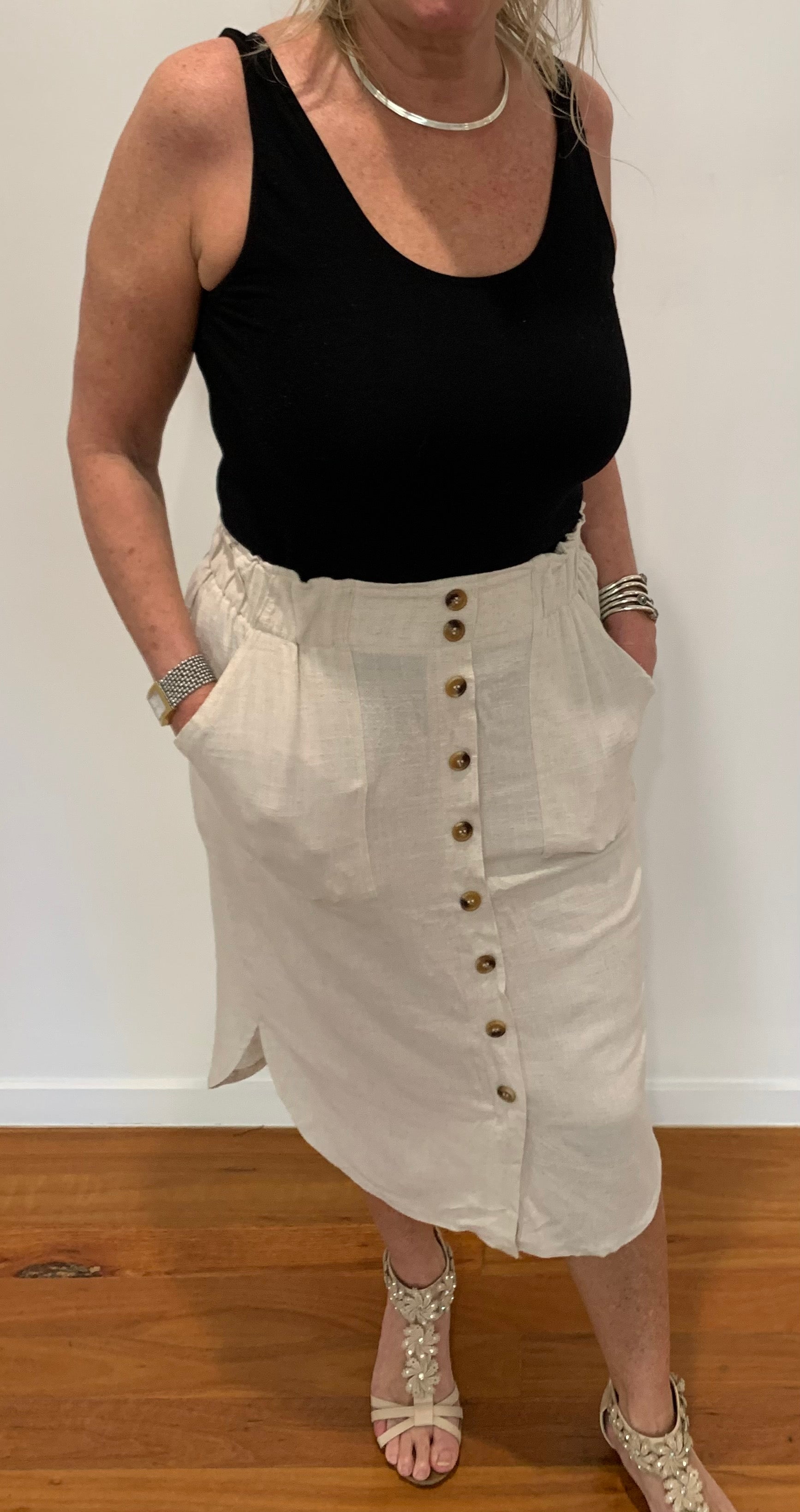 Midi Skirt in Beige Linen Blend with Elastic Waist Pockets & Button Detail - Willow Tree