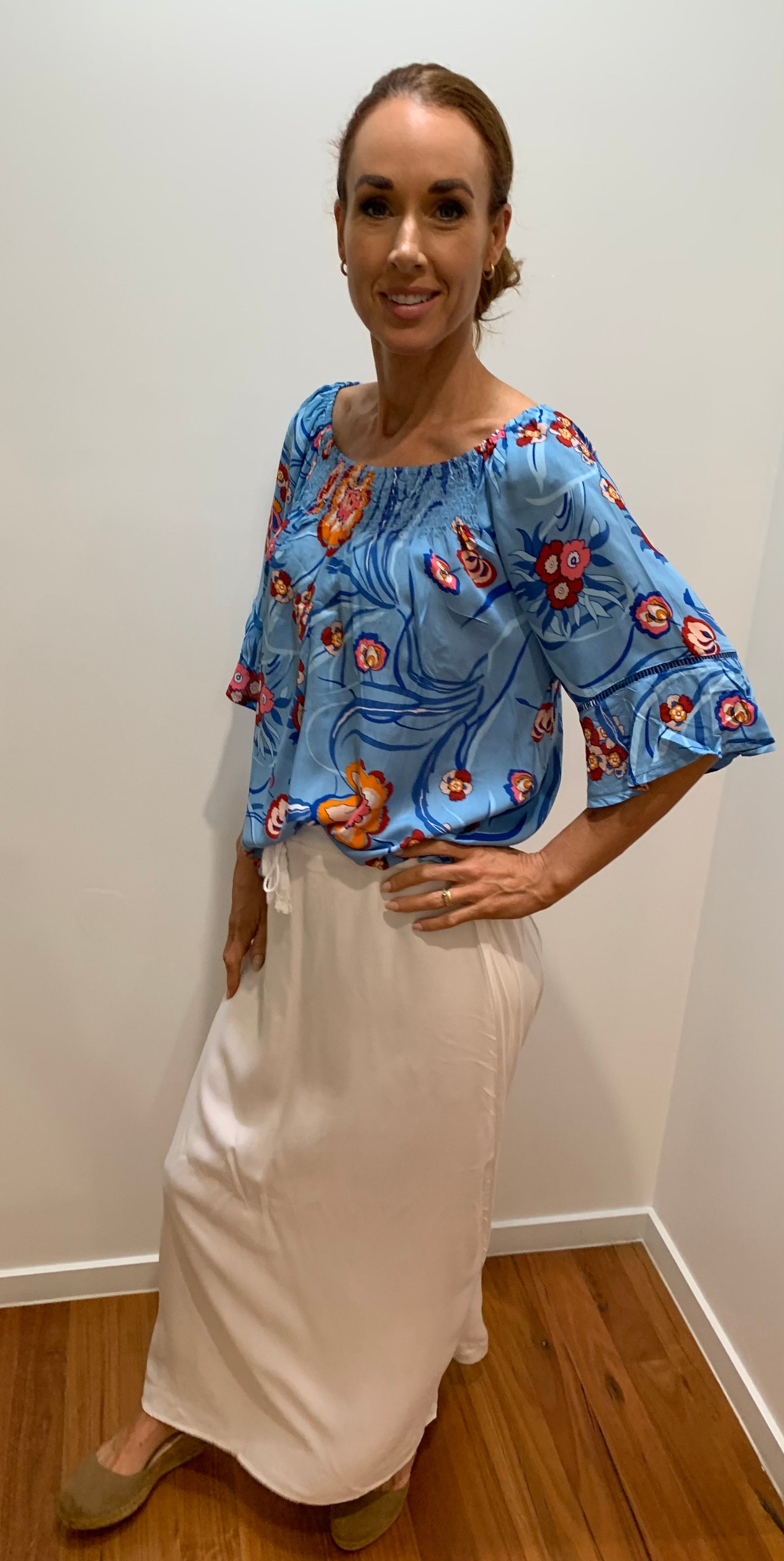 Off the Shoulder Top in Light Blue with Orange Floral Print 3/4 Long Sleeves - Willow Tree