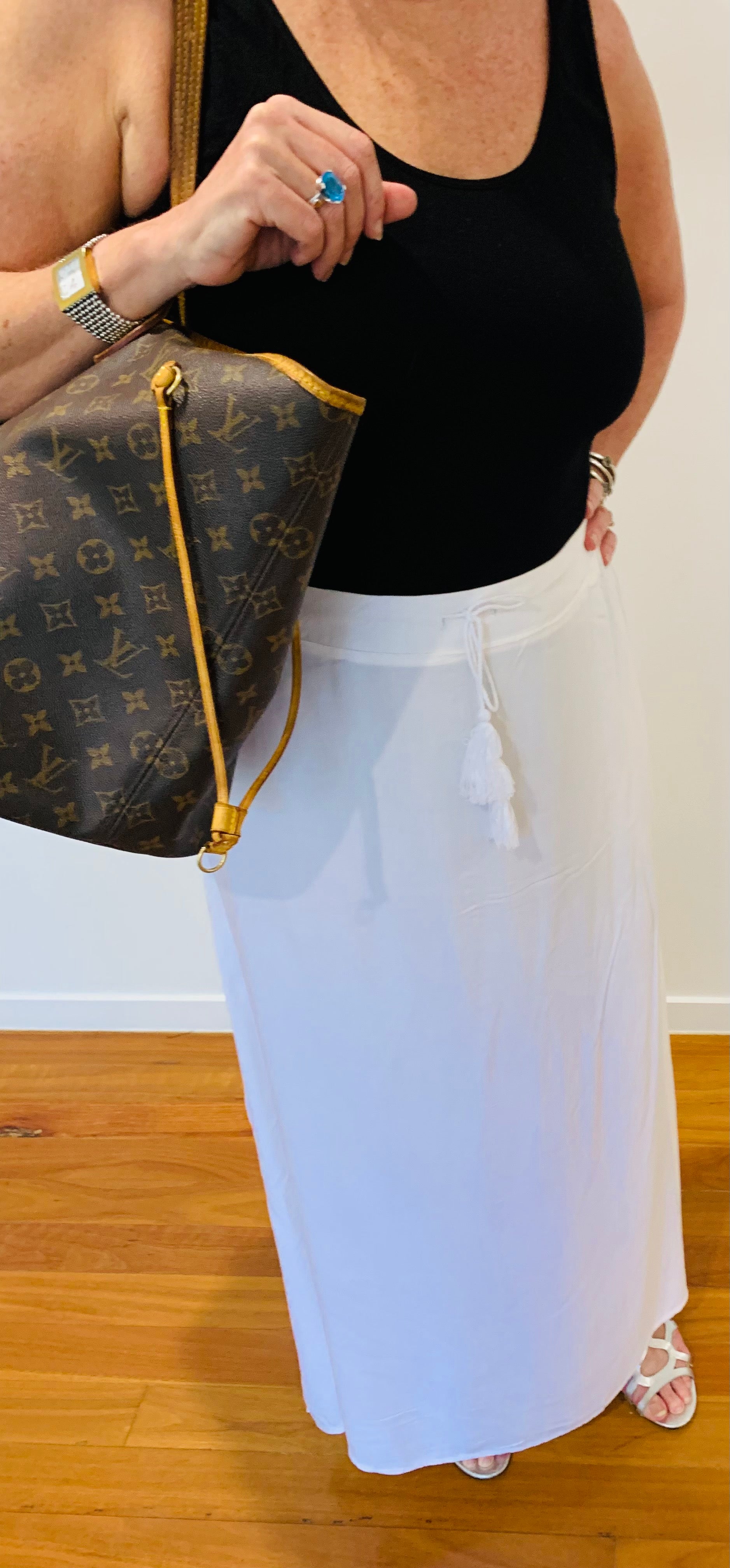 Maxi Skirt in Super White on White with Drawstring Waist Flattering Fall