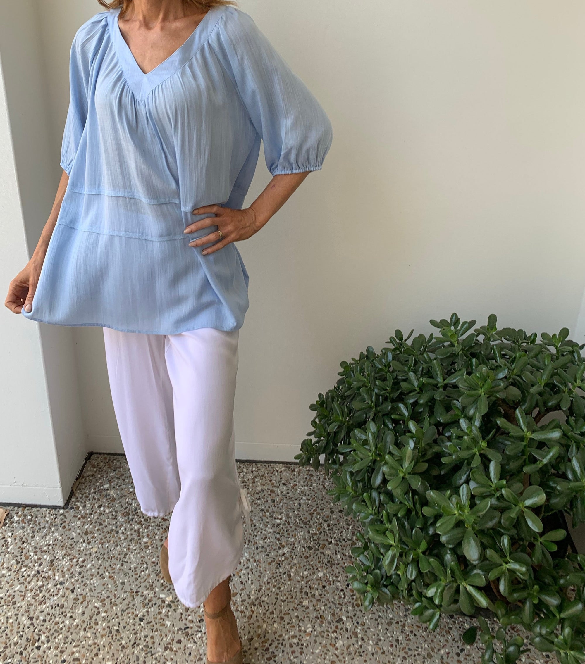 Tiered Top in Baby Blue with 1/2 Long Sleeve in Linen & Rayon - Willow Tree