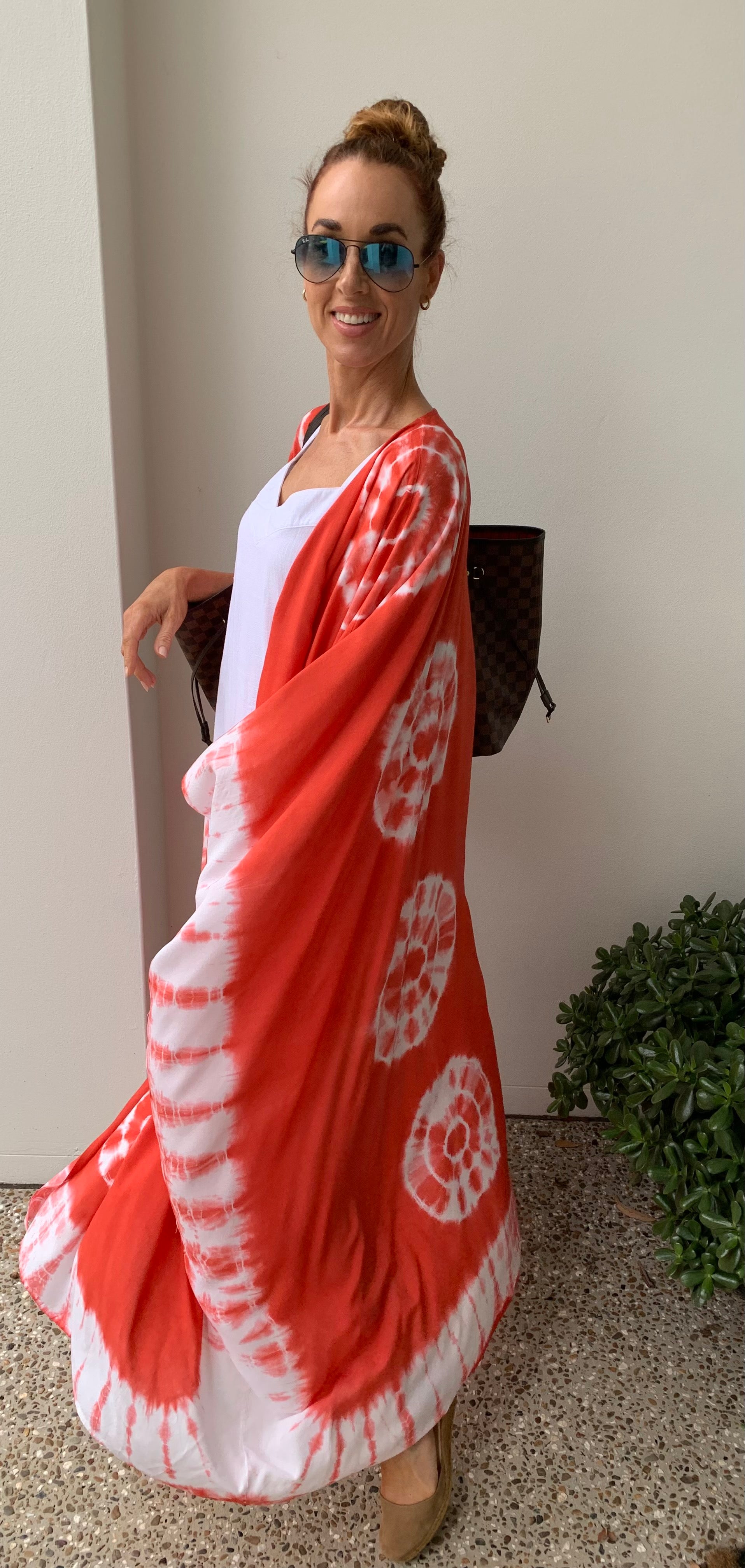 Hand Made Tie Dyed Kimono in Red w White Circles BeachWear in Size 10-20 - Scandi & Me