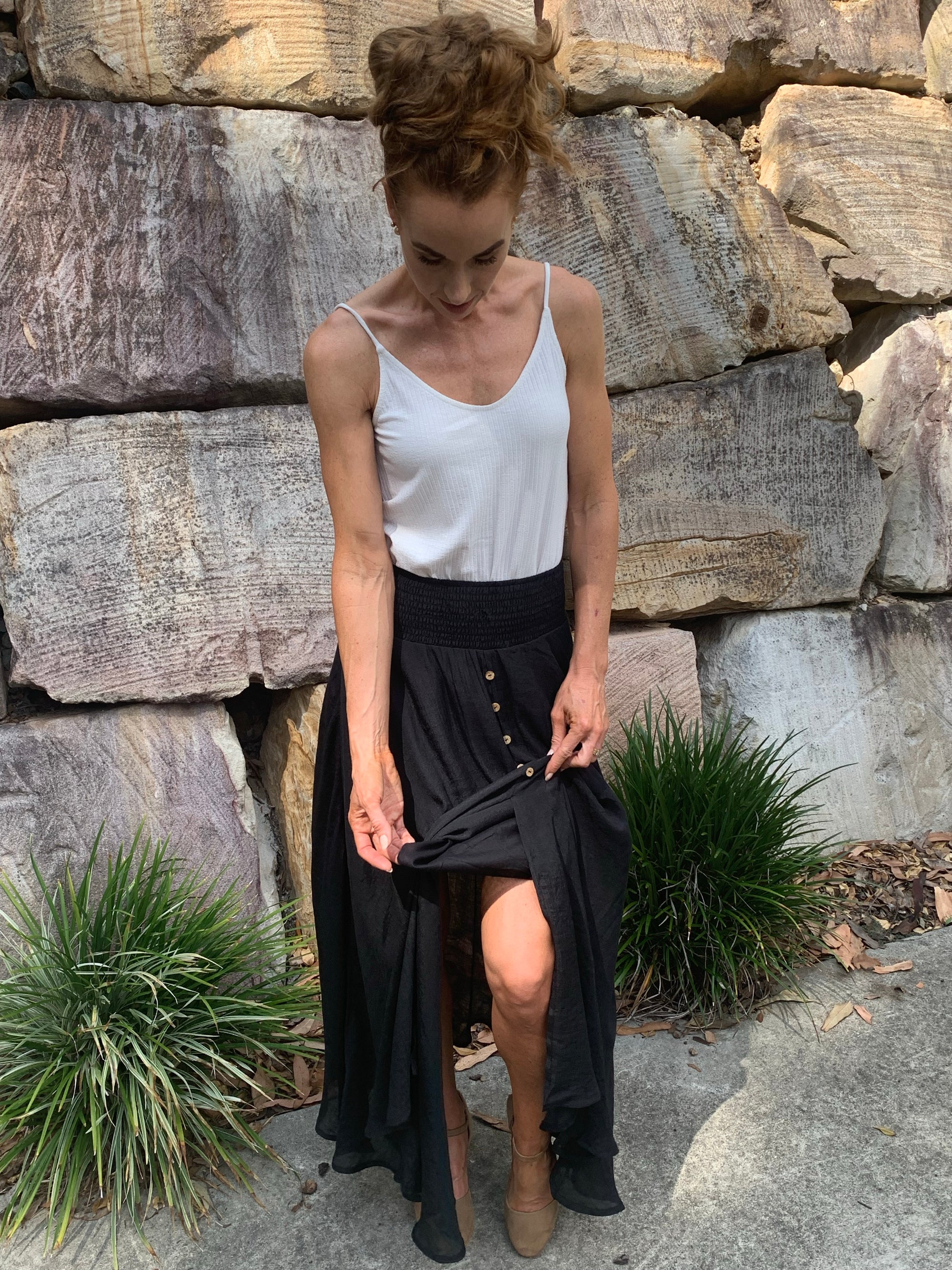 Long Black Maxi Skirt with Slit, Elastic Waist and Button Detail