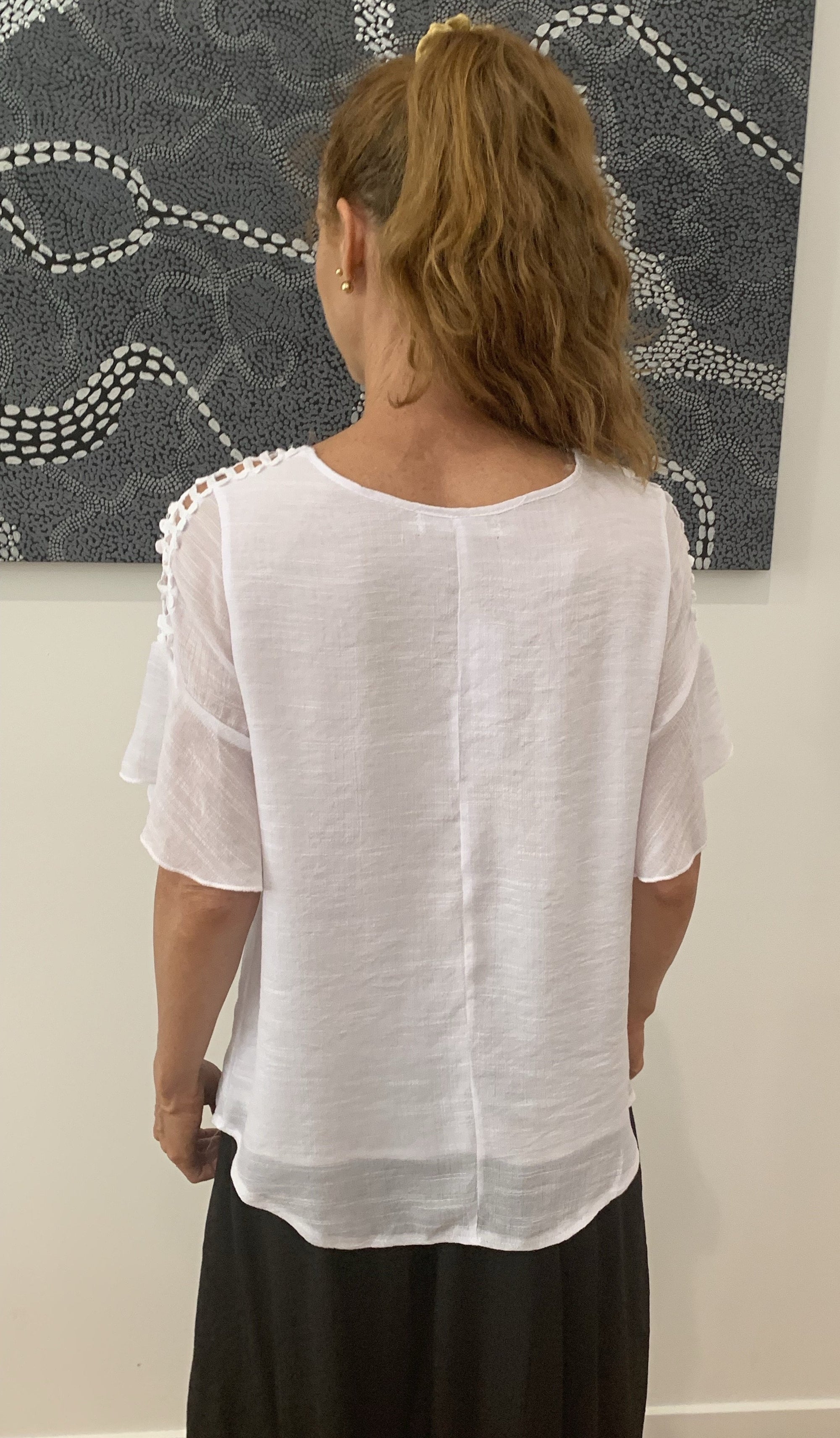 Super White Top with Frill 1/2 Long Sleeves in Super Comfy Cotton Blend
