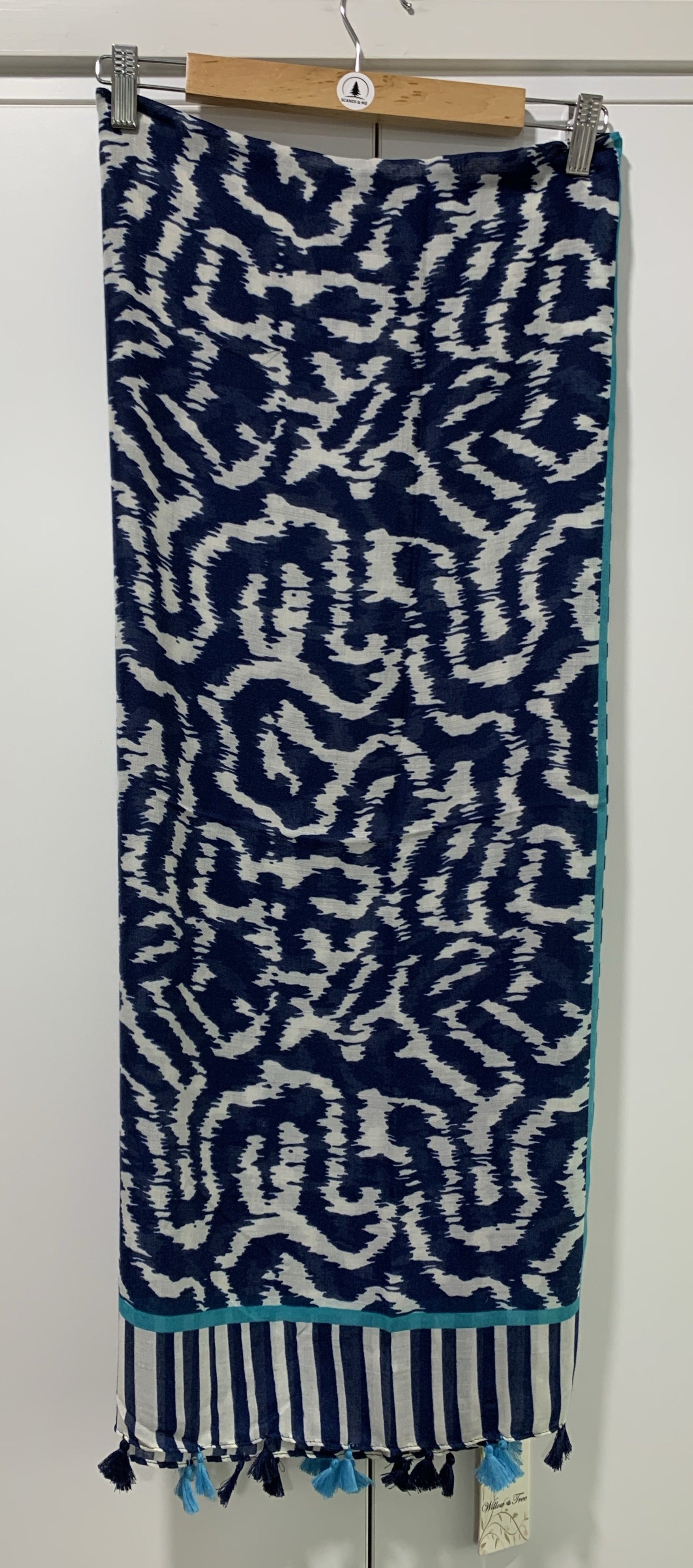 Oversized Scarf in Navy Blue & White Animal Print with Tassel Detail - Willow Tree