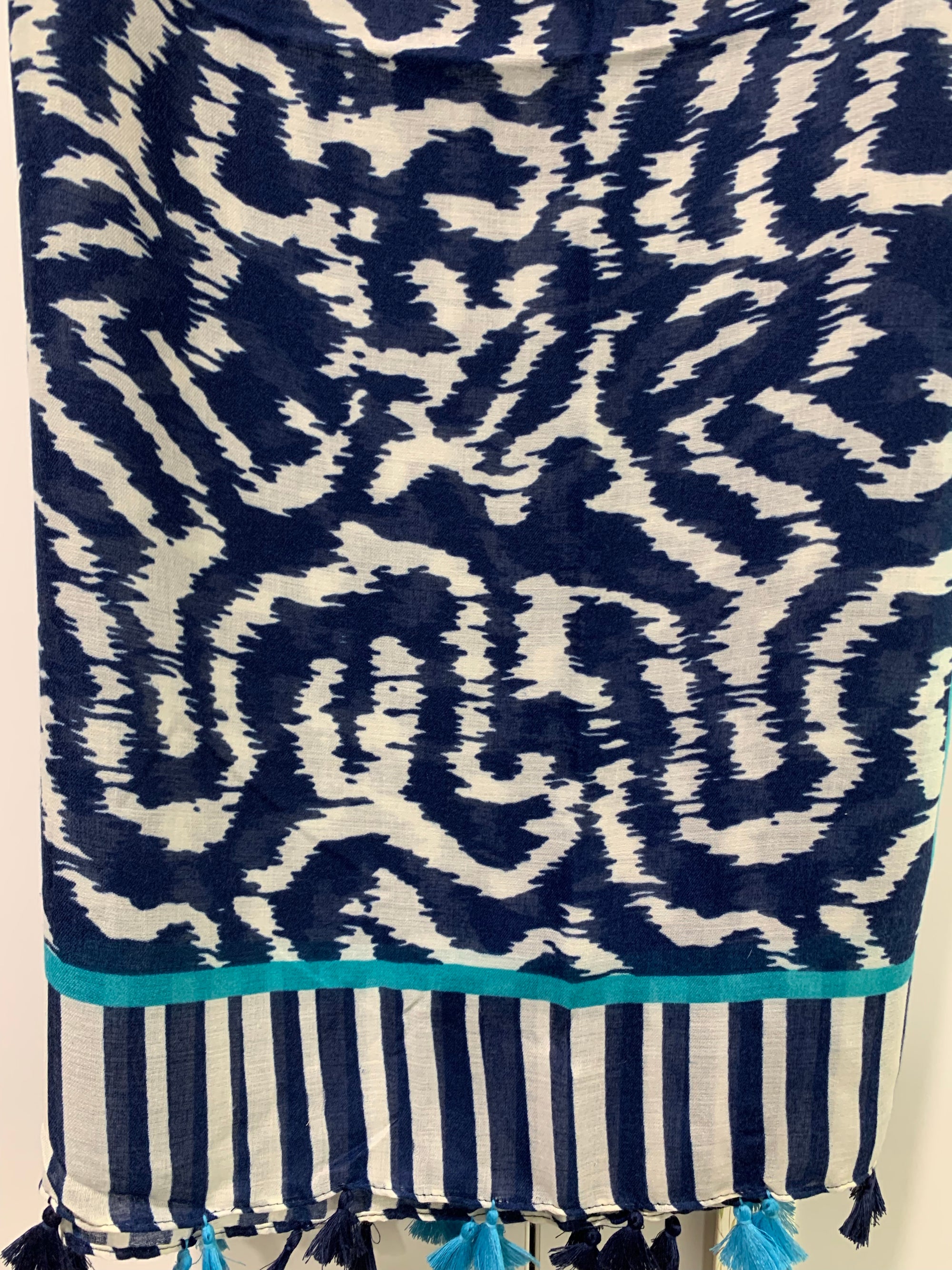 Oversized Scarf in Navy Blue & White Animal Print with Tassel Detail - Willow Tree